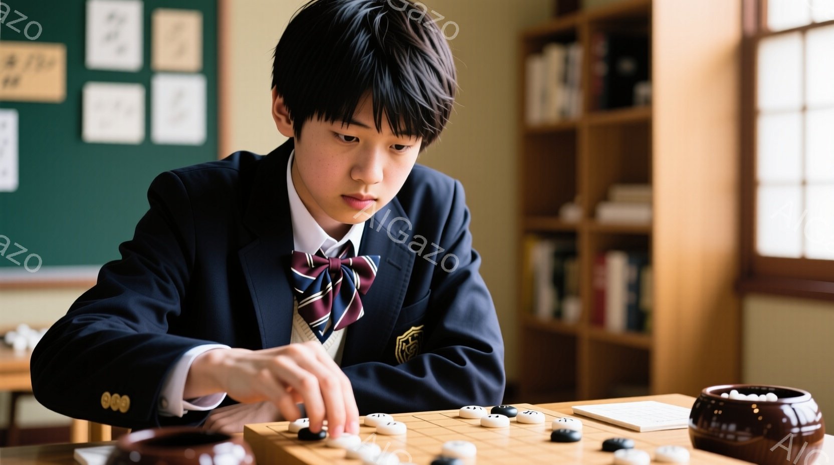 制服を着た少年が、碁盤に向かって集中して碁石を配置している。黒髪で前髪を少し下ろしたヘアスタイルで、真剣な表情で次の手を考えているようだ。背景には本棚があり、教室のような落ち着いた雰囲気の中で、静かに - AI生成フリー素材