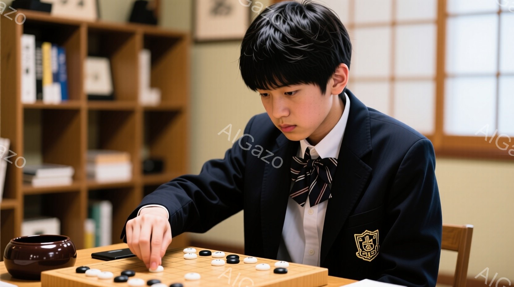 若い少年が囲碁盤に向かって座っており、黒い石を手に取って盤上に置こうとしているところです。彼は制服姿で、濃い色のブレザーとネクタイ、白いシャツを着ています。背景には本棚があり、落ち着いた雰囲気で、集中して囲碁に取り組んでいる様子が伺えます。