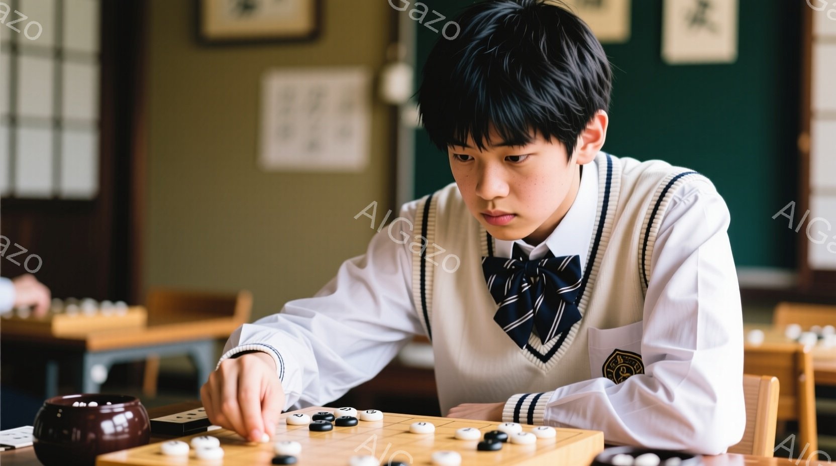 男の子は、紺色のベストとネクタイを着用した制服姿で、囲碁盤に向かっています。真剣な表情で、黒い石を盤上に置く動作をしています。背景には木製の椅子が並び、壁には掛け軸が見え、室内は落ち着いた雰囲気です。