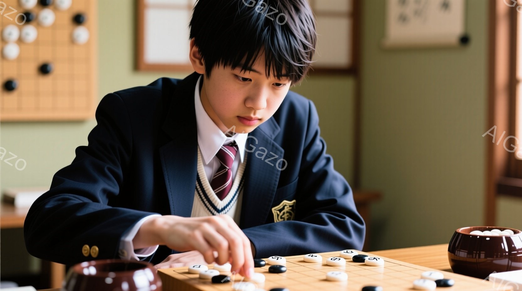 制服を着た少年が、碁盤に向かい、黒い碁石を置こうとしているところです。彼は真剣な表情で、少し前かがみの姿勢で集中しています。背景には、木製の棚と壁があり、落ち着いた、静かな雰囲気です。