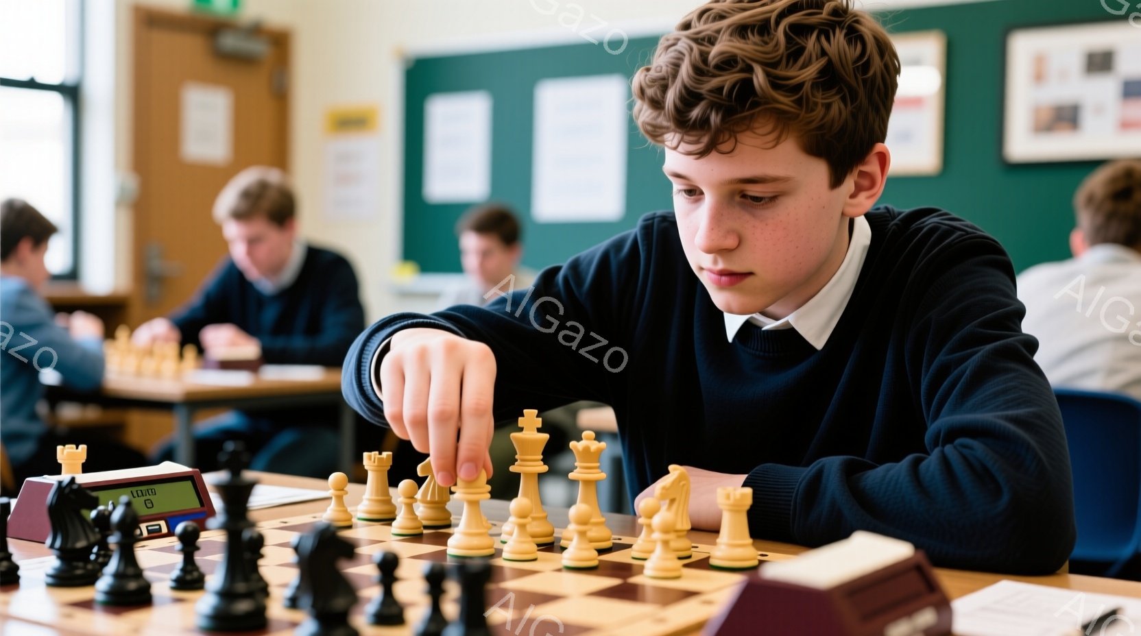 若い少年がチェス盤に向かい、駒を動かそうとしているところです。彼は紺色のブレザーと白いシャツを着ており、少し巻き毛の茶髪が特徴的です。背景には他の生徒たちが座っており、教室のような場所で、集中した雰囲気を感じさせます。