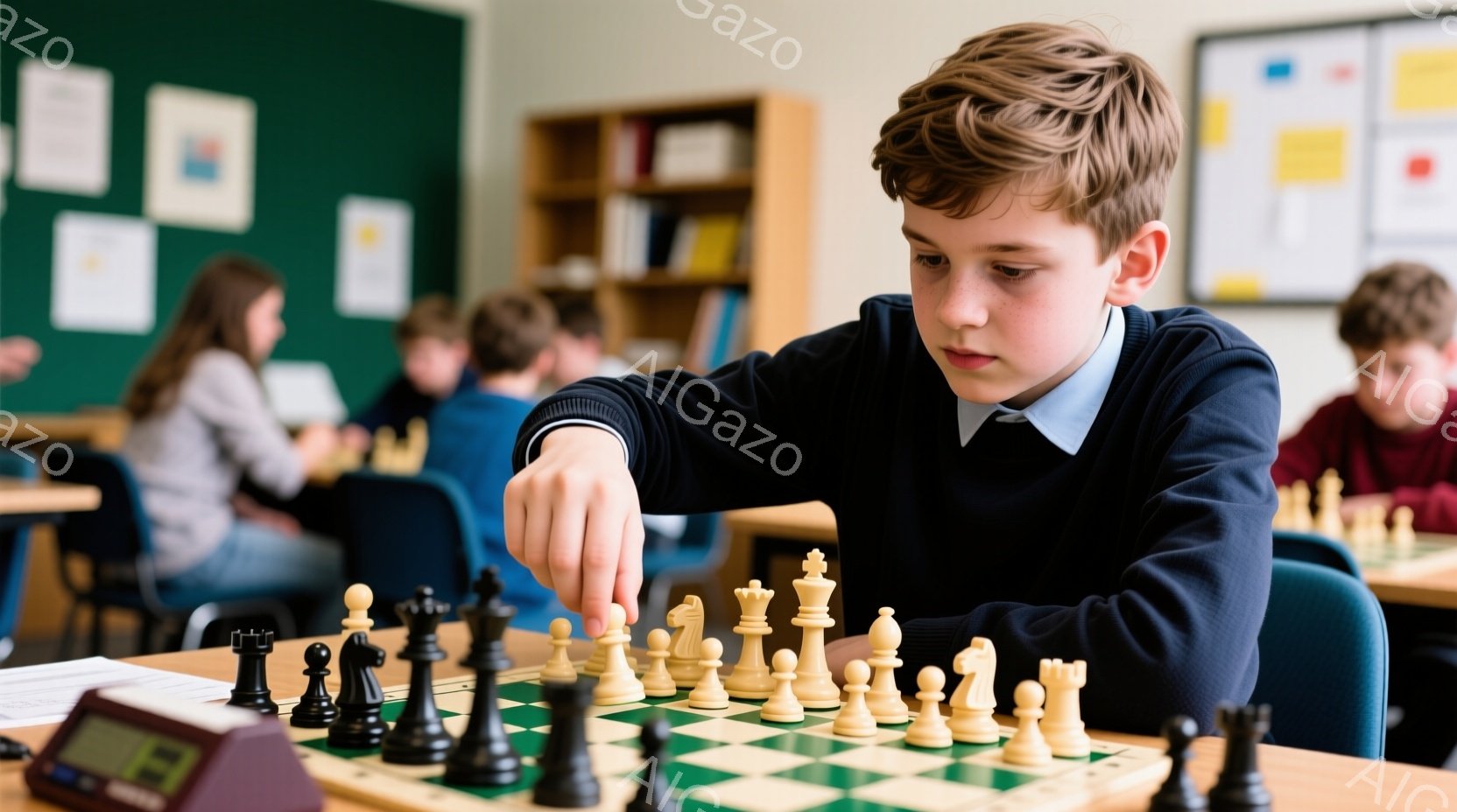 男の子がチェスの駒を動かそうとしています。彼は紺色のセーターと白いシャツを着ており、茶色の髪を短く切っています。背景には他の生徒たちがチェスを指している教室があり、全体的に集中した学習の雰囲気が漂っています。