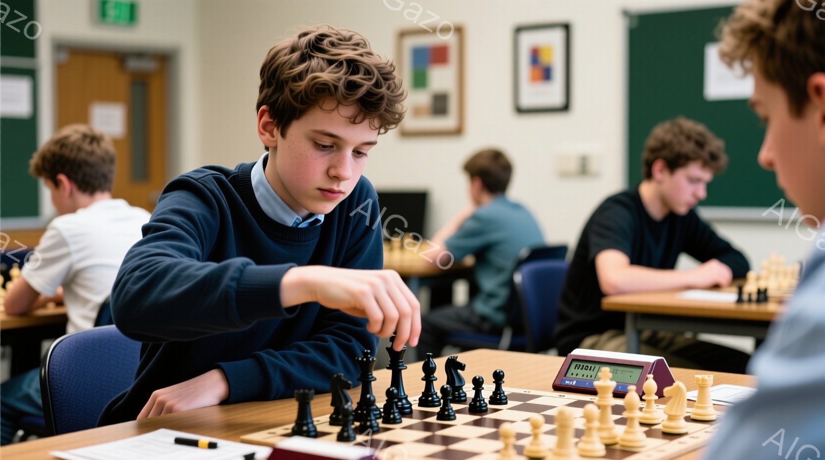 チェスの盤に向かい集中している少年が写っている。彼は紺色のセーターと白襟のシャツを着ており、少しカールした茶髪が特徴的で、眉間にしわを寄せ、考え込んでいる表情をしている。背景には他の少年たちが同様にチェスに集中して取り組んでいる様子や、木製のテーブル、壁に掛けられた絵画が見え、教室のような雰囲気である。