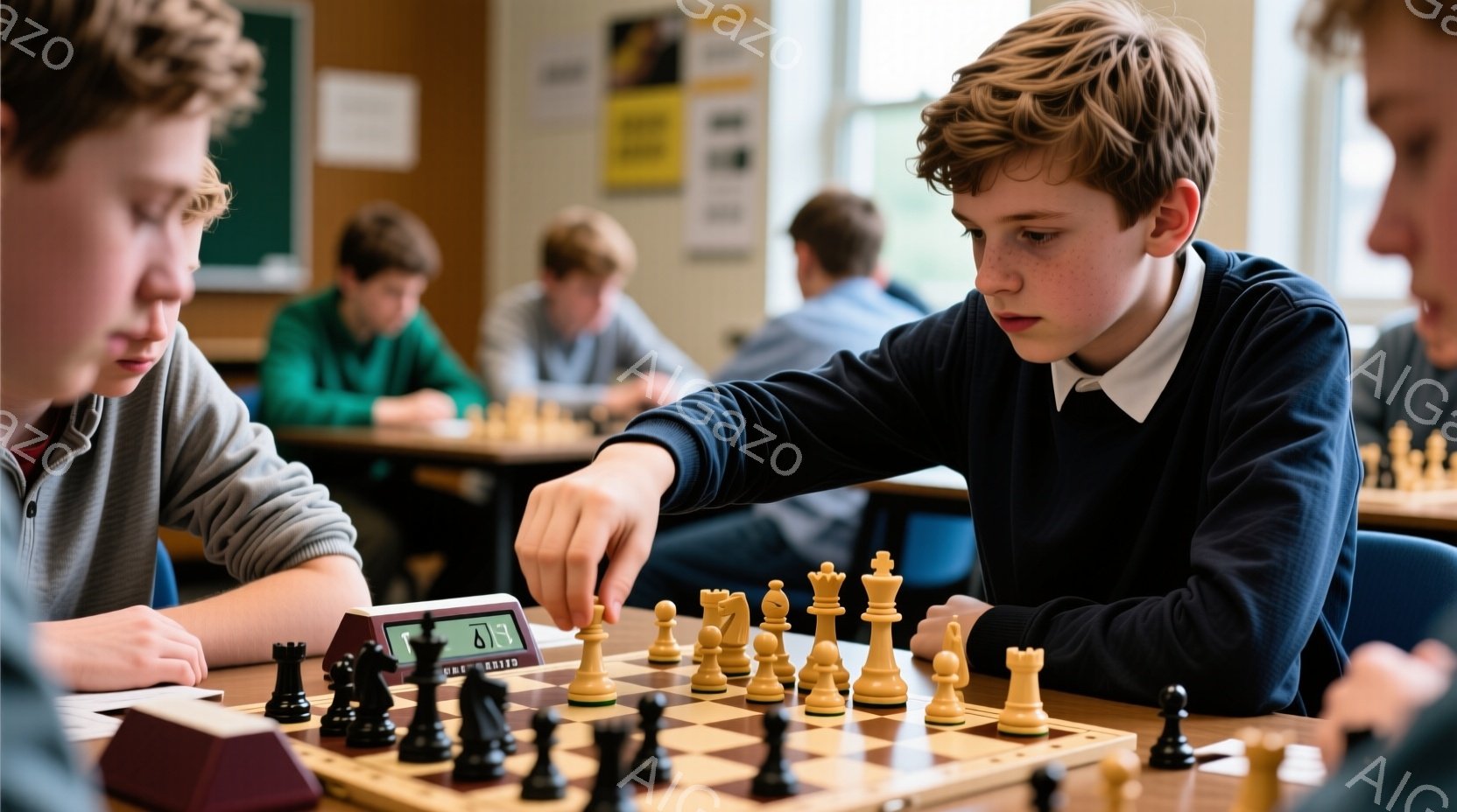 少年たちがチェスの試合に集中している様子が写っている。彼らはそれぞれ制服のような服装で、真剣な表情でチェスの駒を動かしている。背景には他の生徒や教室の様子が見え、集中して思考する少年たちの姿が際立って - AI生成フリー素材