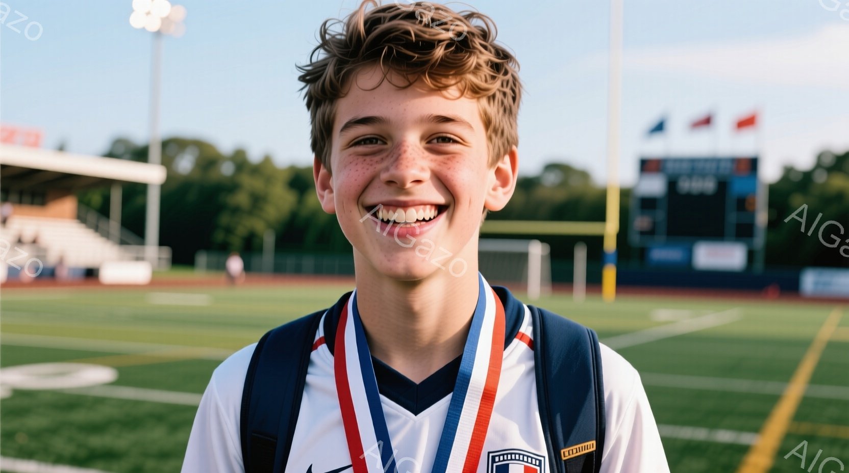 若い男性が笑顔でカメラを見つめています。彼はアメリカの旗が描かれたスポーツウェアとメダルを身に着け、茶色の巻き毛が特徴的です。背景には緑の芝生、陸上競技場、そして薄曇りの空が広がっており、全体的に活気に満ちた雰囲気が漂っています。