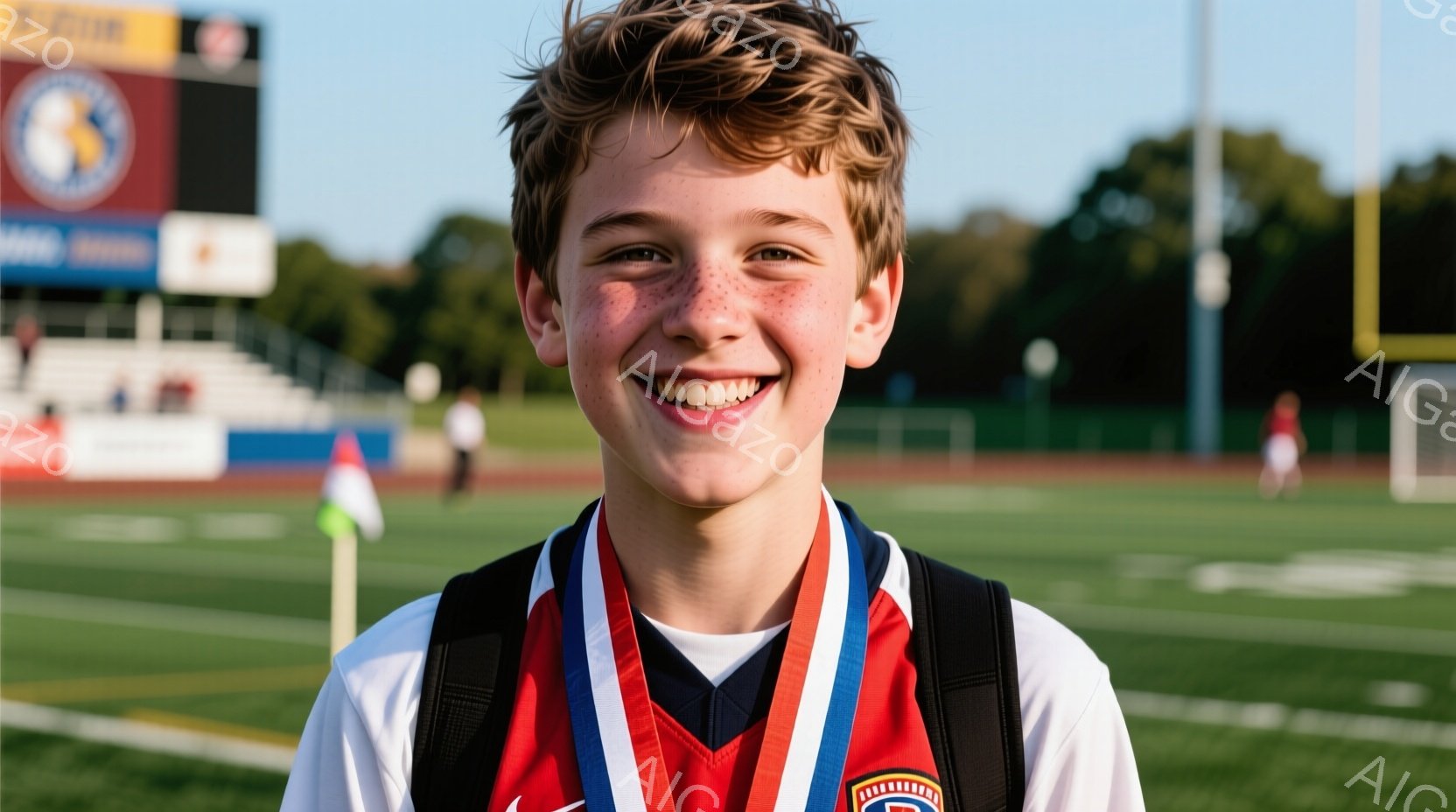 若い少年が、緑豊かなサッカー場の前で笑顔を見せています。赤いシャツに黒いベストを着用し、首にはメダルが掛かっています。背景には観客席とフラッグがあり、晴れた日の穏やかな雰囲気が伝わってきます。
