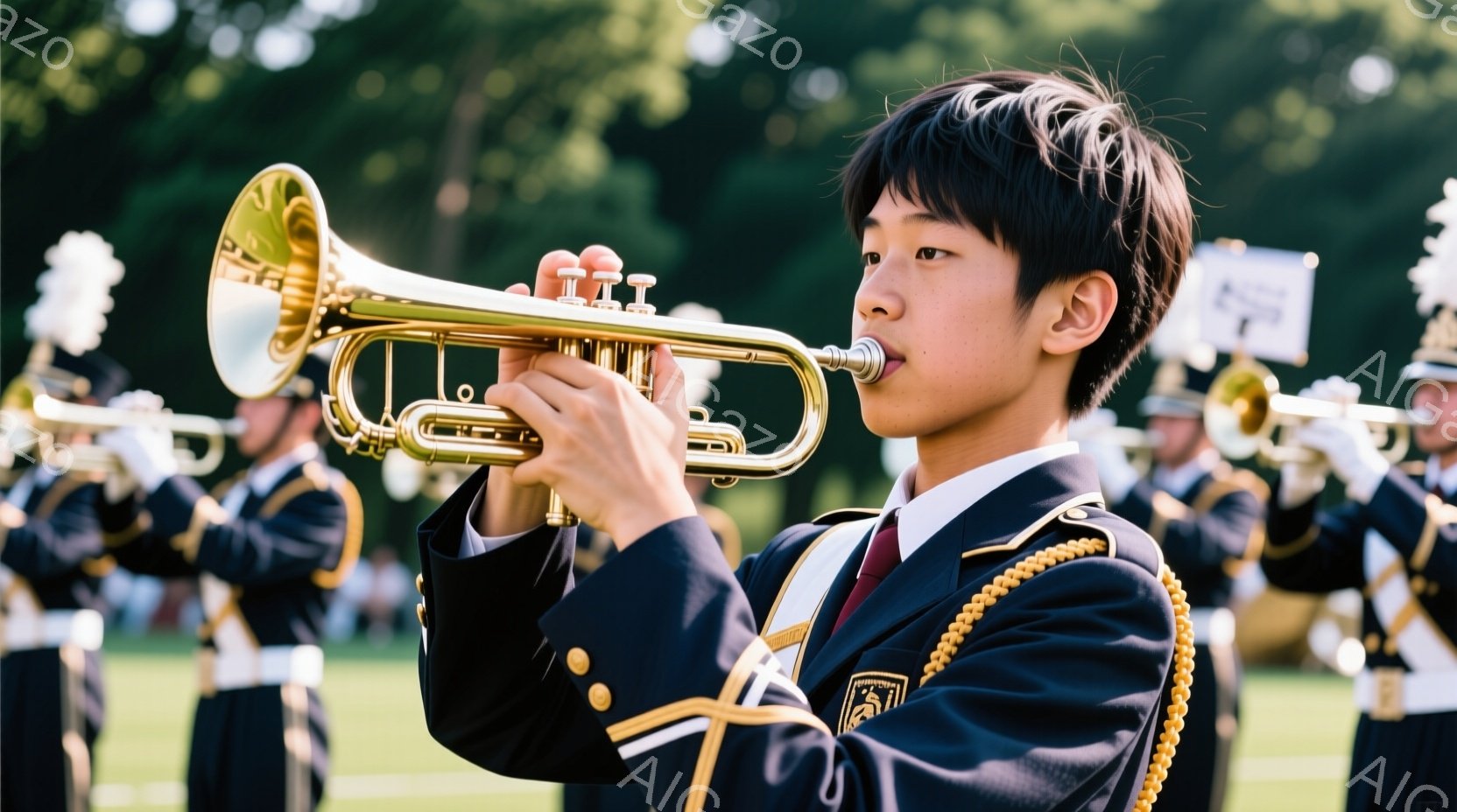 若い男性が真剣な表情でトランペットを吹いている。彼は濃い紺色の制服を着ており、金色の縁取りが施されている。背景には、他の制服を着たバンドメンバーが並び、緑豊かな木々が生い茂る屋外の様子がうかがえる。 - AI生成フリー素材