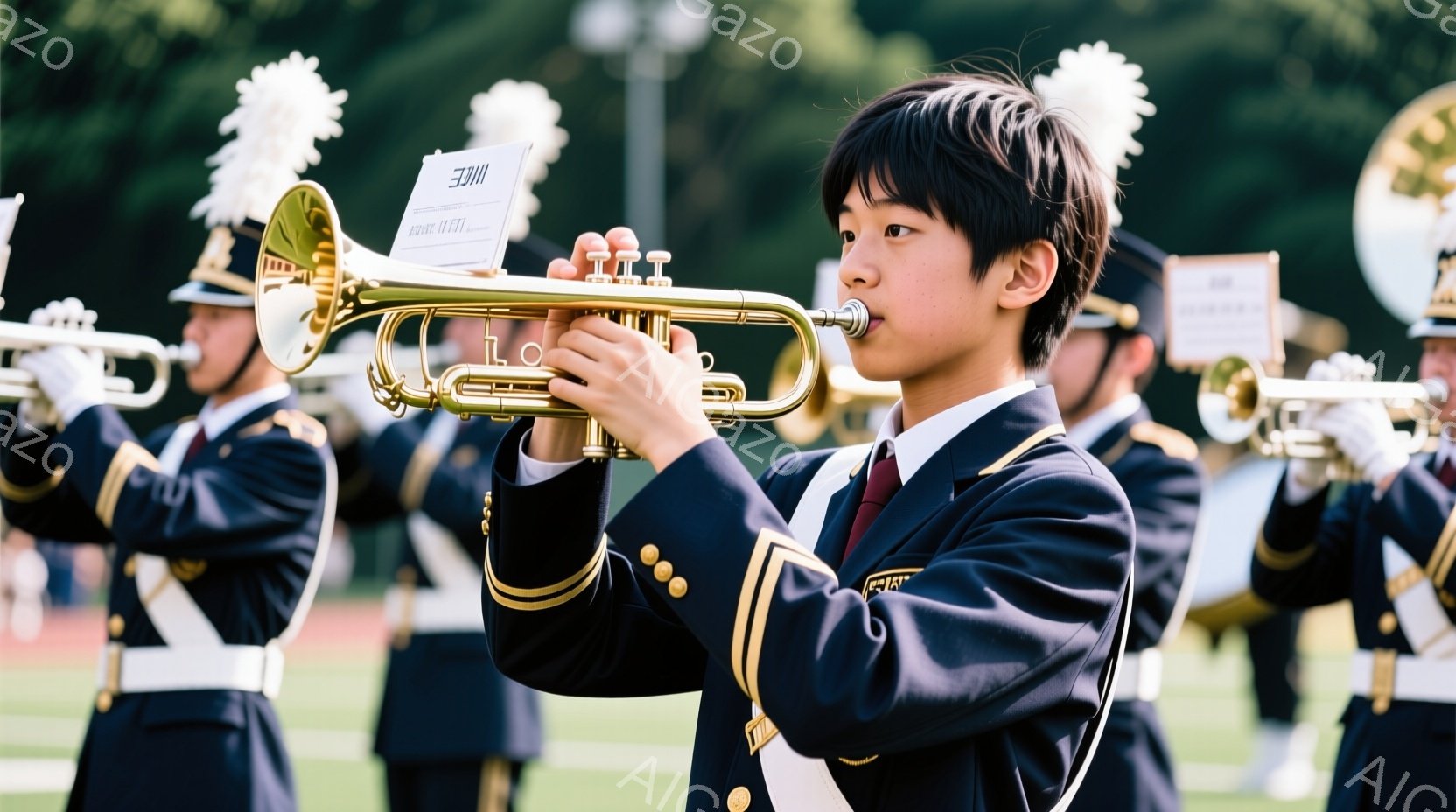制服を着た少年がトランペットを演奏している様子が写っている。彼は濃い青色の制服に金色のボタンと装飾が施され、姿勢はまっすぐで、真剣な表情で楽器に集中している。背景には他の制服を着た少年たちがおり、緑の - AI生成フリー素材