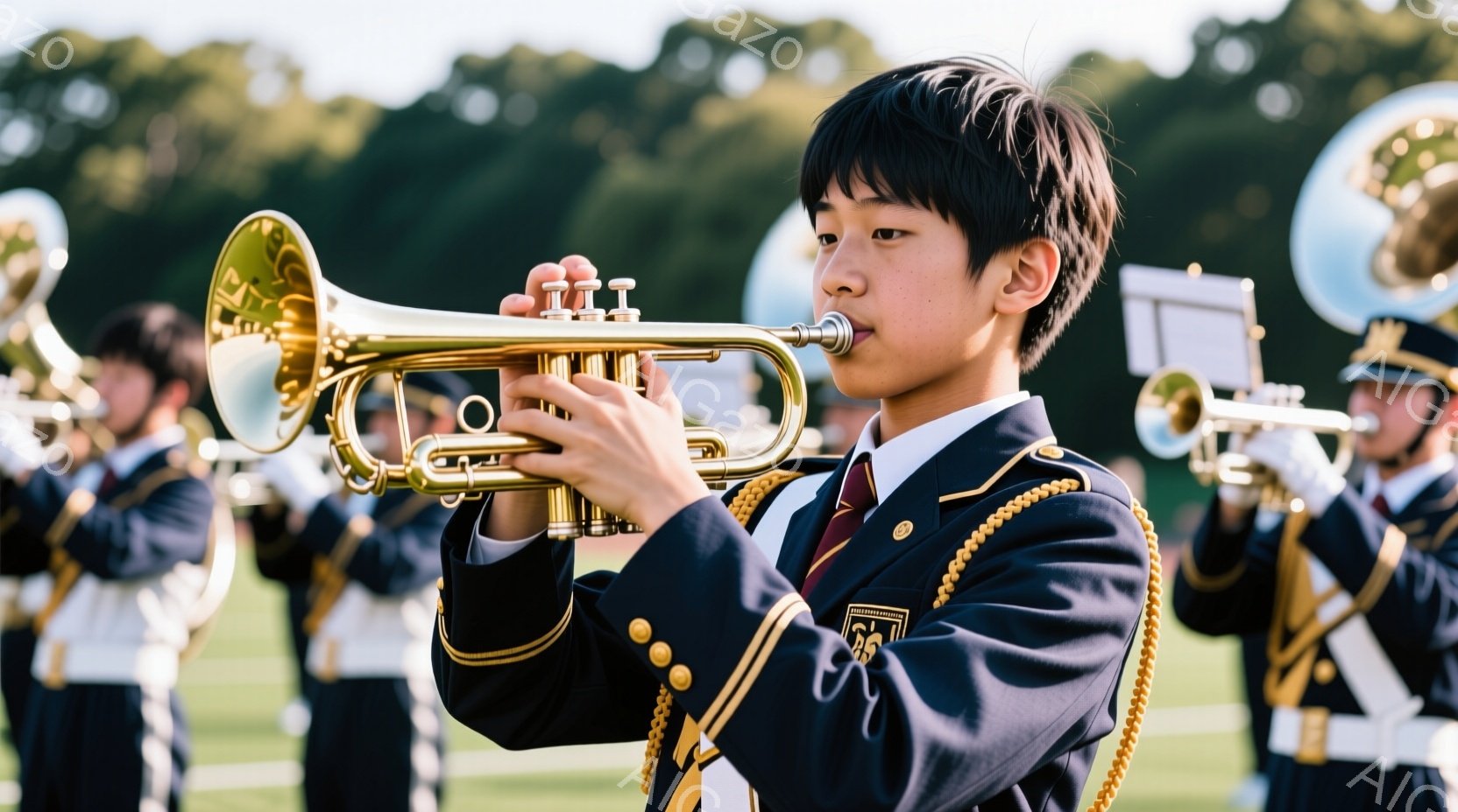 若い男性が演壇でマイクを手にスピーチをしている様子が写っています。彼は紺色のスーツを着ており、髪はきちんと整えられています。背景には聴衆と思われる生徒たちが座っており、教室らしき場所で、真剣な雰囲気が漂っています。