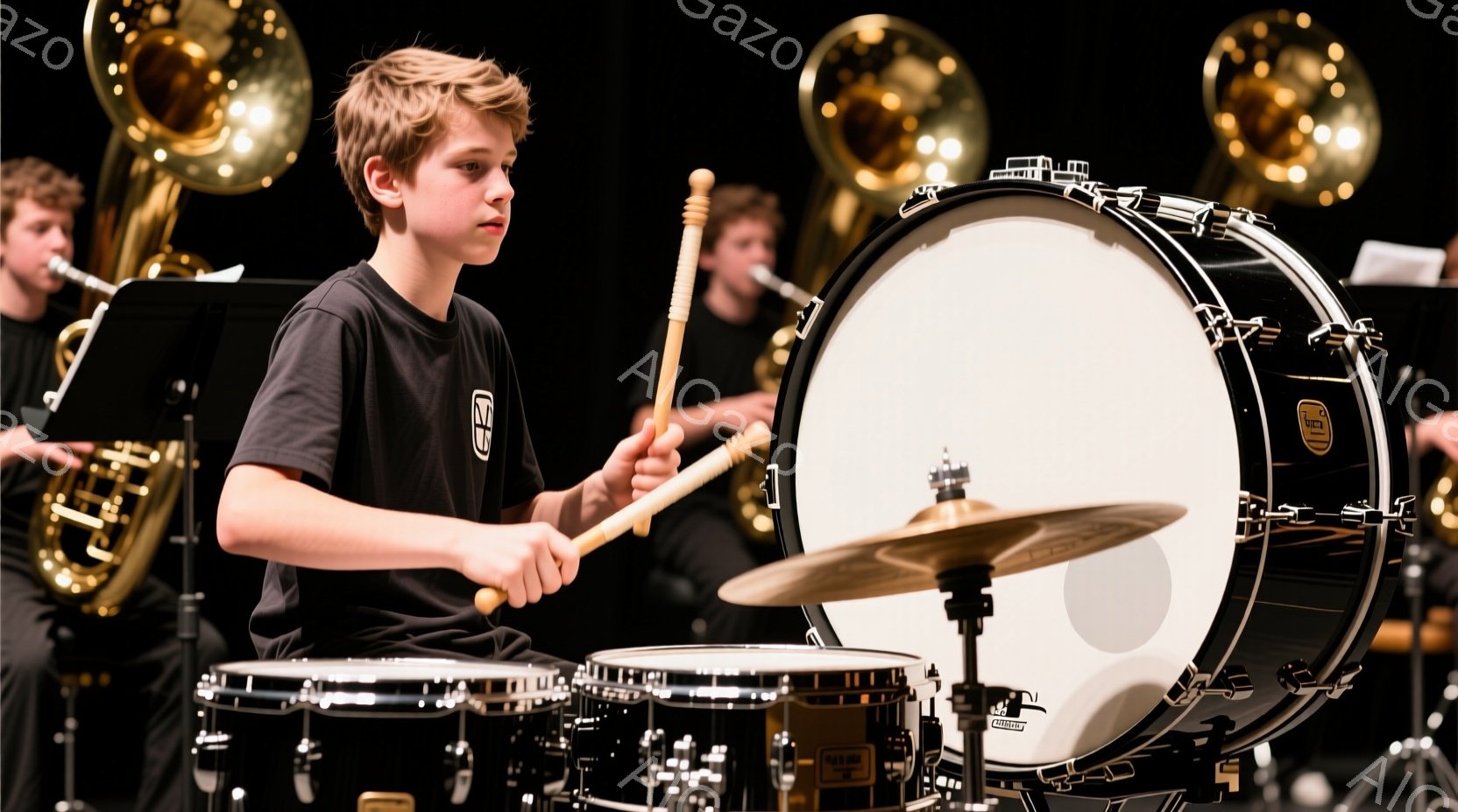 少年がドラムセットの前に座り、集中した表情でドラムスティックを構えています。黒いTシャツを着ており、髪は軽くカールしています。背景には金管楽器を持つ他の少年たちがぼやけて写っており、ステージの暗い雰囲 - AI生成フリー素材