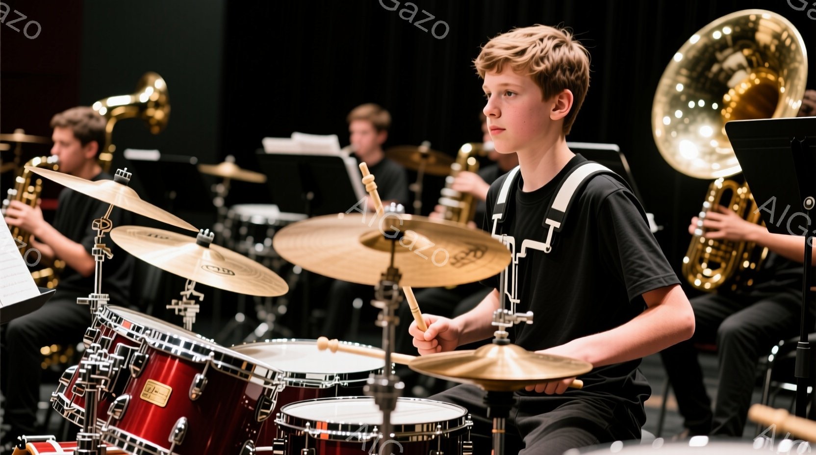少年がドラムセットの前に座り、集中した表情でシンバルを叩こうとしている様子が写っている。彼は黒いTシャツとズボンを着用し、髪は短くブロンドで、周りには金管楽器を演奏する他の少年たちがいる。背景は暗く、ステージのようで、全体的に真剣な音楽セッションの雰囲気が漂っている。