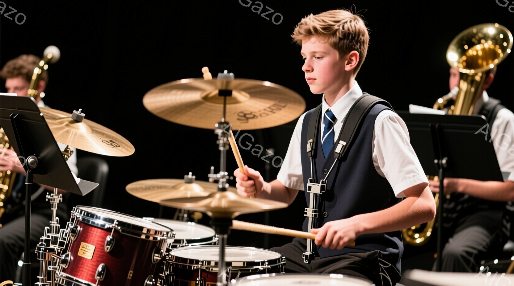 少年はドラムセットの前に座り、集中した表情でドラムスティックを握っています。彼はネイビーのベスト、白のシャツ、ネクタイという制服のような服装をしており、髪は短く整えられています。背景には他の楽器奏者（ - AI生成フリー素材