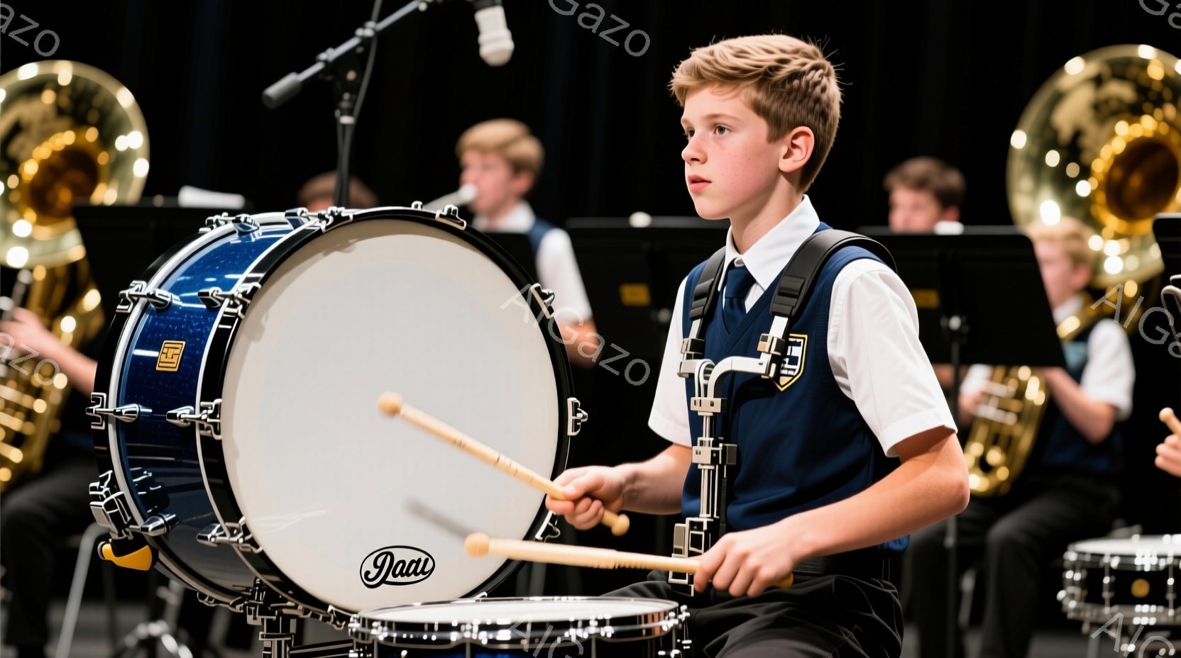 ドラムを演奏する少年が写っています。少年は紺色のベストと白いシャツを着ており、少し緊張した表情で前方を見据えています。背景には他の楽器奏者や金管楽器が見え、コンサートホールのような場所で演奏している様 - AI生成フリー素材