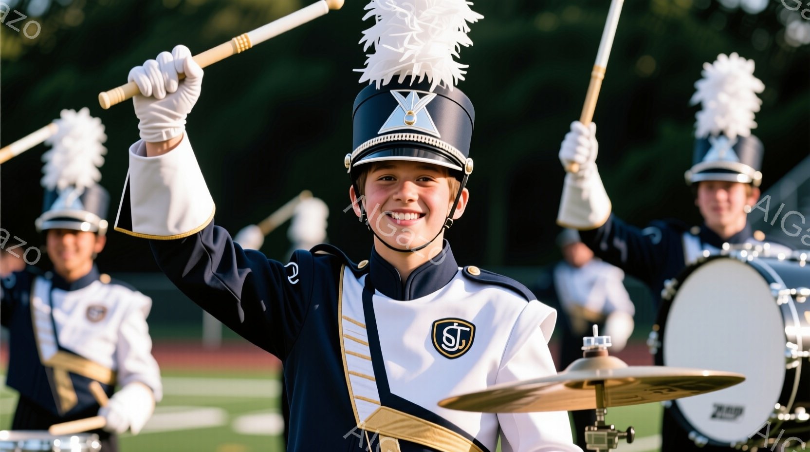 若い男性が、紺色の制服と白いシャツを着て、ドラムスティックを高く掲げて笑顔で立っています。彼は帽子をかぶり、制服には「ST」と書かれたロゴが入っています。背景には、他の制服を着たバンドメンバーと緑豊か - AI生成フリー素材