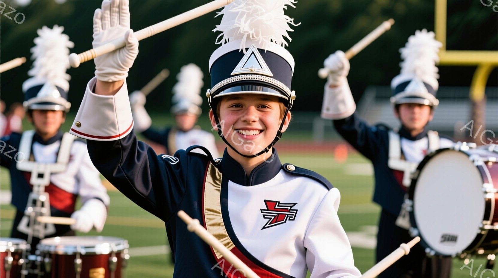 マーチングバンドのメンバーと思われる少年が、紺と白を基調としたユニフォームを着て、誇らしげに微笑んでいます。紺色の帽子には白い羽飾りがついており、右手を高く上げて、棒を振るポーズをとっています。背景には、他のバンドメンバーやドラム、緑の芝生、そしてぼやけたスタジアムの観客席が見え、晴れた日の活気あるパフォーマンスの様子が伝わってきます。