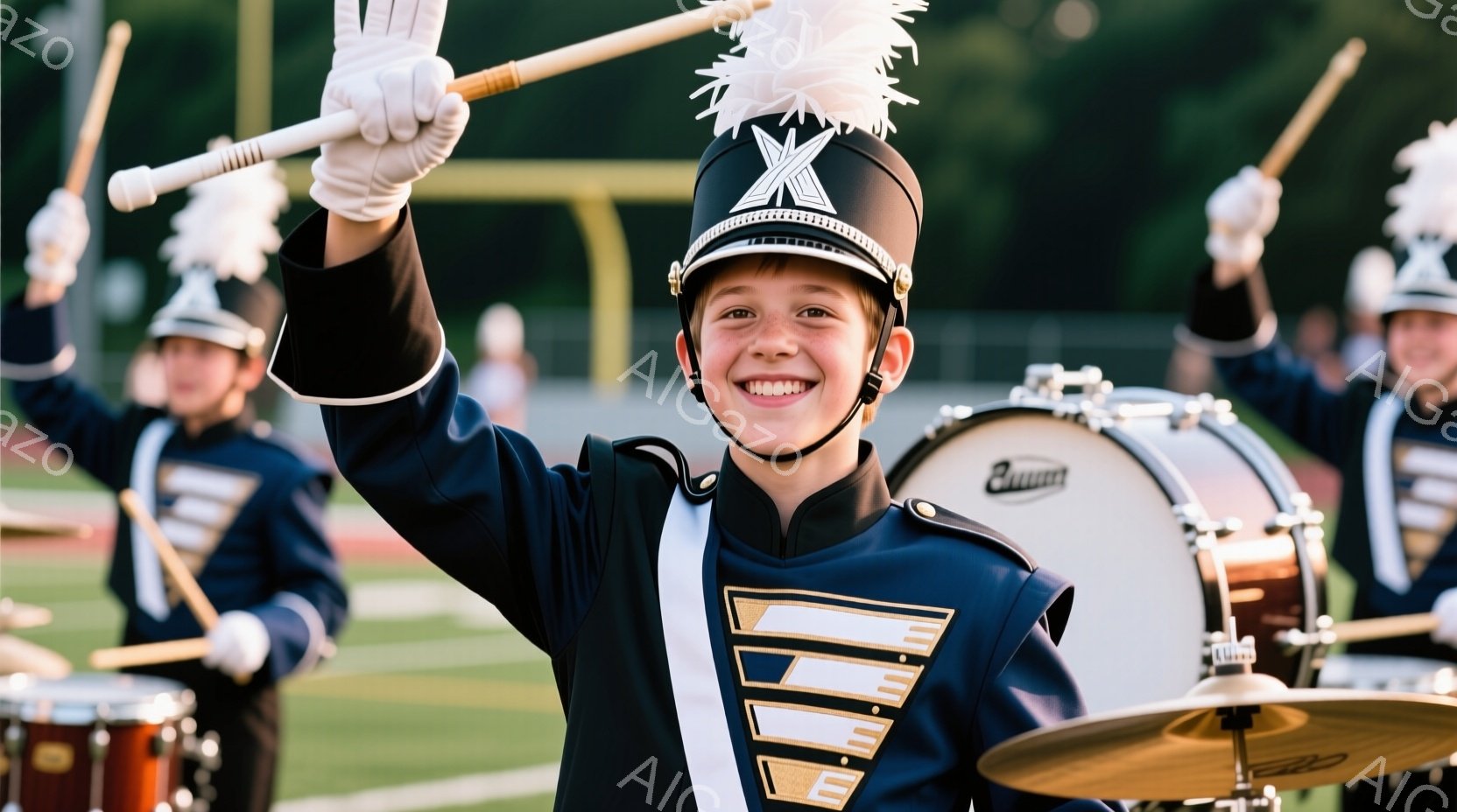 マーチングバンドの一員である少年が、笑顔で片手を上げています。紺色の制服には金色の装飾が施され、頭には特徴的な帽子をかぶっています。背景には他のバンドメンバーやドラム、そして緑豊かな自然が見え、晴れた日の屋外での演奏会を思わせる、活気のある雰囲気が漂っています。