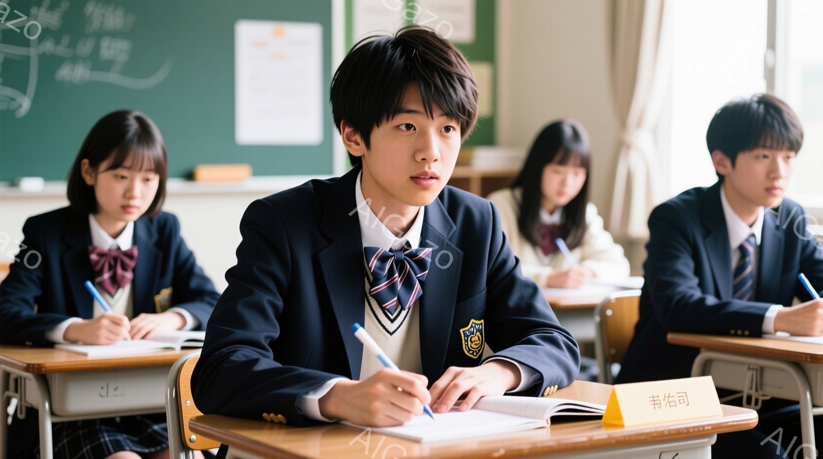 制服を着た男子生徒が教室で前方に視線を向けている。彼は紺色のブレザー、白いシャツ、ネクタイ、そしてベージュのズボンを着用しており、真剣な表情で何かを考えているように見える。背景には他の生徒たちが座って - AI生成フリー素材