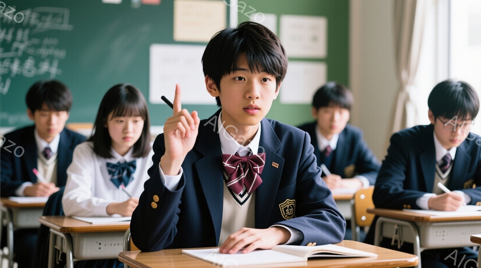 教室で生徒たちが授業を受けている様子が写っている。制服を着た少年が手を挙げて質問をしているようで、真剣な表情をしている。背景には他の生徒たちが机に向かって勉強している様子が見え、教室の黒板には何らかの - AI生成フリー素材