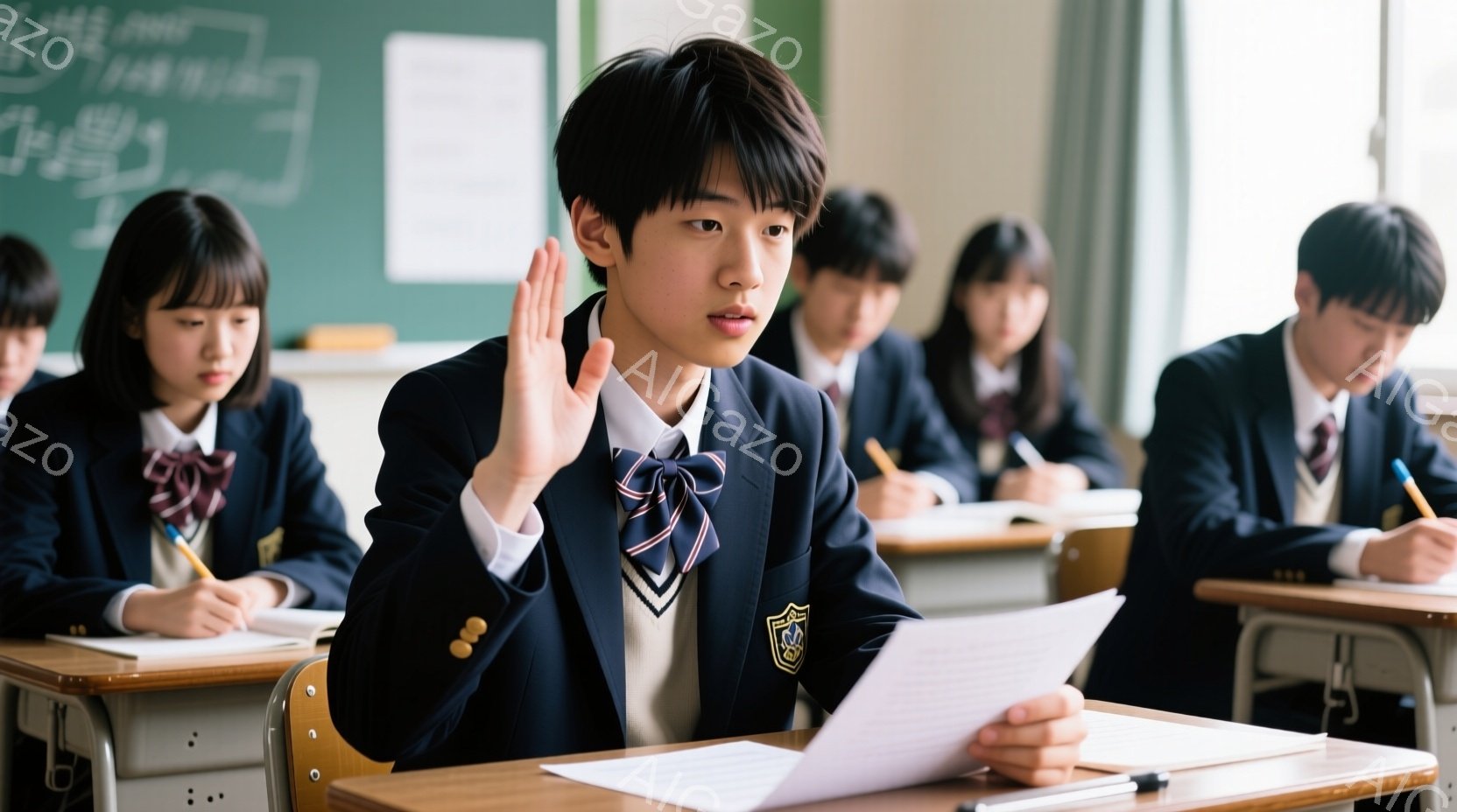 制服を着た男子生徒が授業中に手を挙げて質問をしている様子が写っている。彼は濃い眉と真剣な表情で、右手にテスト用紙を持ち、左手を上げて発言しようとしている。教室には他の生徒も座っており、机に向かって授業を受けている様子がわかる。