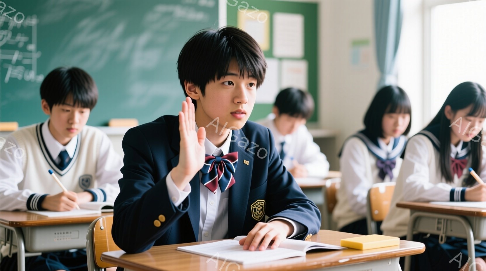 教室の様子で、制服を着た生徒たちが授業を受けている。一人の男子生徒は手を挙げて質問をしているようで、真剣な表情をしている。背景には黒板があり、他の生徒たちは机に向かってノートに書き込んでいるか、男子生徒の方を向いて見ている。