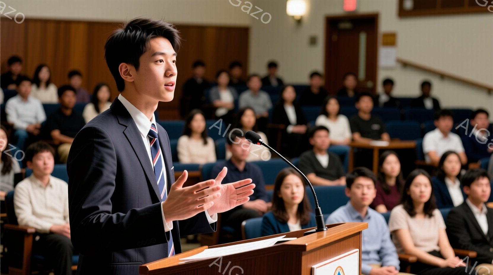 若い男性が演壇の前で講演しており、紺色のスーツにストライプのネクタイを着用し、両手を広げて何かを説明しています。聴衆は講堂の座席に座っており、フォーマルな服装で熱心に話に耳を傾けています。背景は木製のパネルと座席が並ぶ講堂で、落ち着いた雰囲気の中に真剣な空気が漂っています。