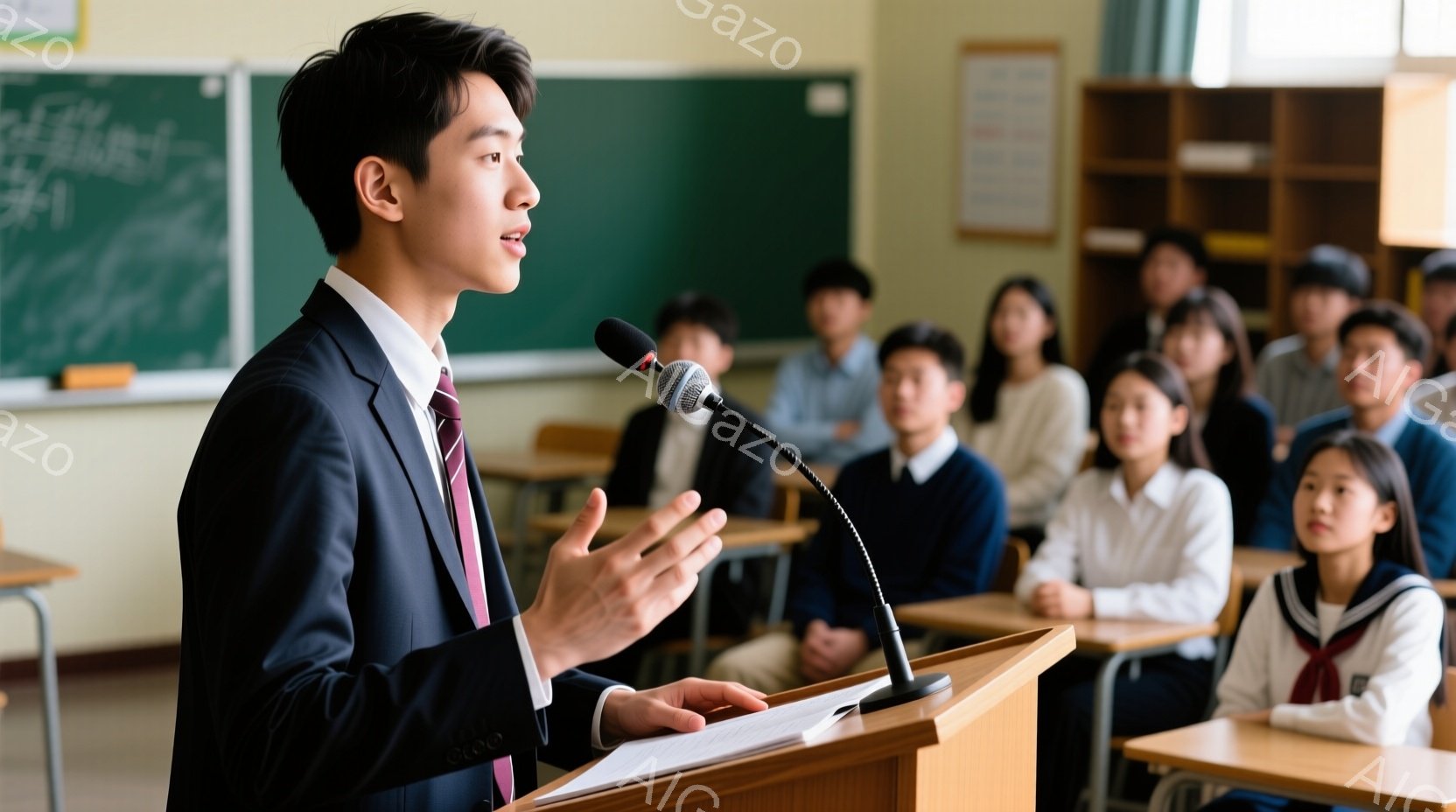壇上に立つ男性は、紺色のスーツに赤いネクタイ、白いシャツ姿で、何かを説明している様子です。彼は少し微笑みながら、自信に満ちた表情で身振り手振りを交えて話しており、生徒たちは彼の方を向いて熱心に耳を傾けています。背景には教室の机と椅子、黒板が見え、明るく清潔な雰囲気の講義風景であることがわかります。