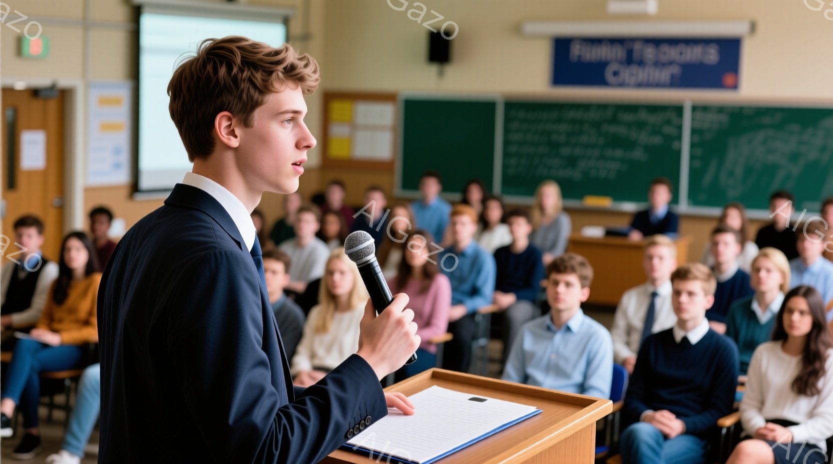 若い男性が講堂で演説しています。彼は紺色のスーツを着ており、髪は短く整えられています。彼は演台の前に立ち、片手にマイクを持ち、自信に満ちた表情で聴衆を見つめています。