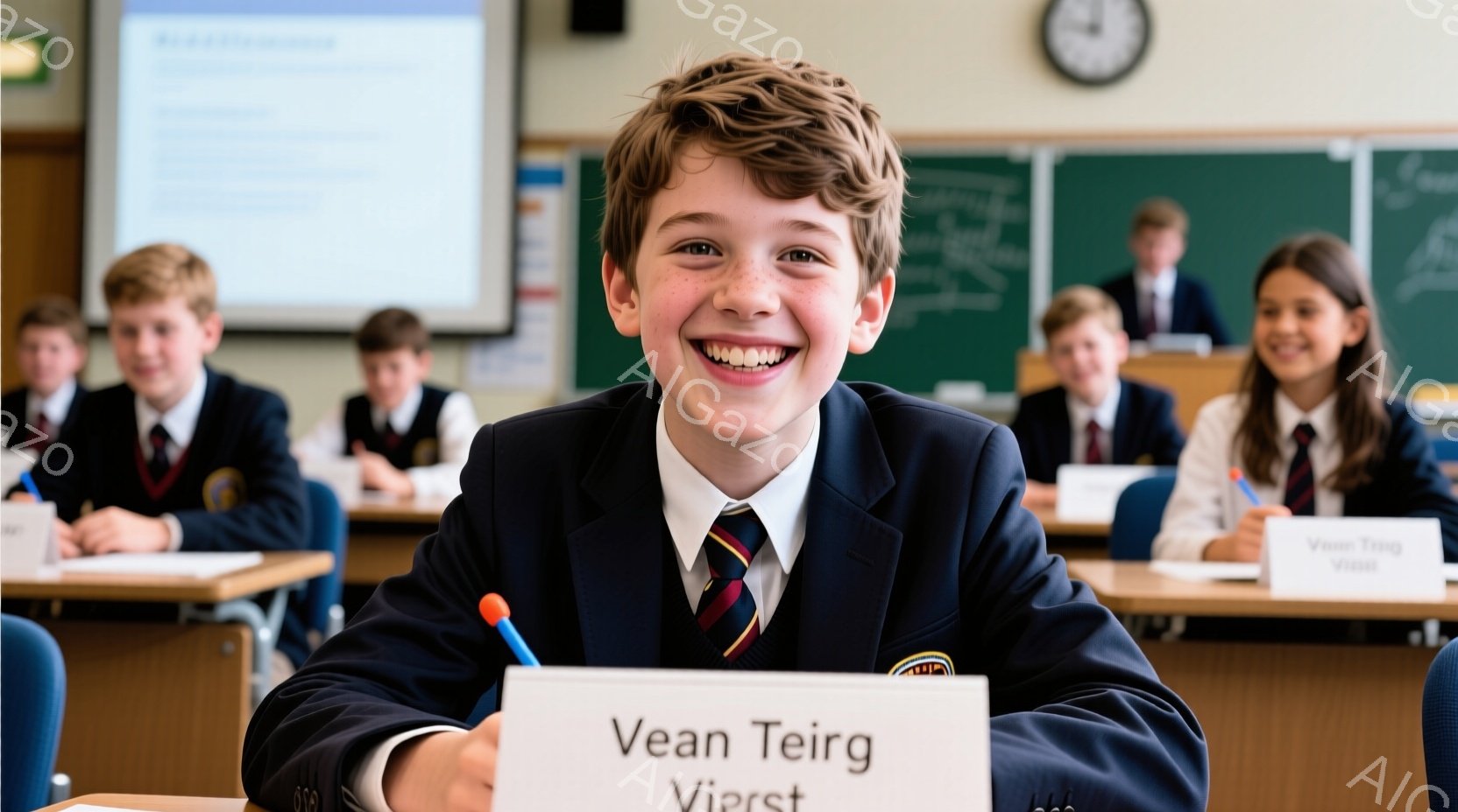 教室の前に座っている少年が写っています。彼は紺色のブレザー、ストライプのネクタイ、白いシャツを着ており、明るい笑顔を浮かべています。背景には他の生徒たちが座っており、黒板には文字が書かれています。 - AI生成フリー素材