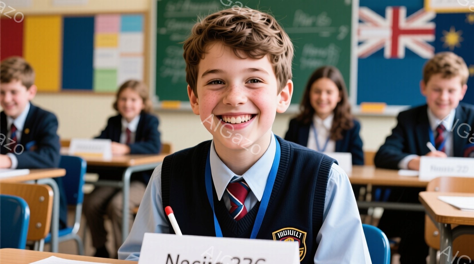教室の前に座っている少年は、笑顔でカメラを見つめています。紺色のベスト、白シャツ、赤いネクタイ、そして身につけたIDカードを着ています。背景には、他の生徒たちが座っている教室と、イギリスとヨーロッパ連合旗が飾られた黒板が見えます。