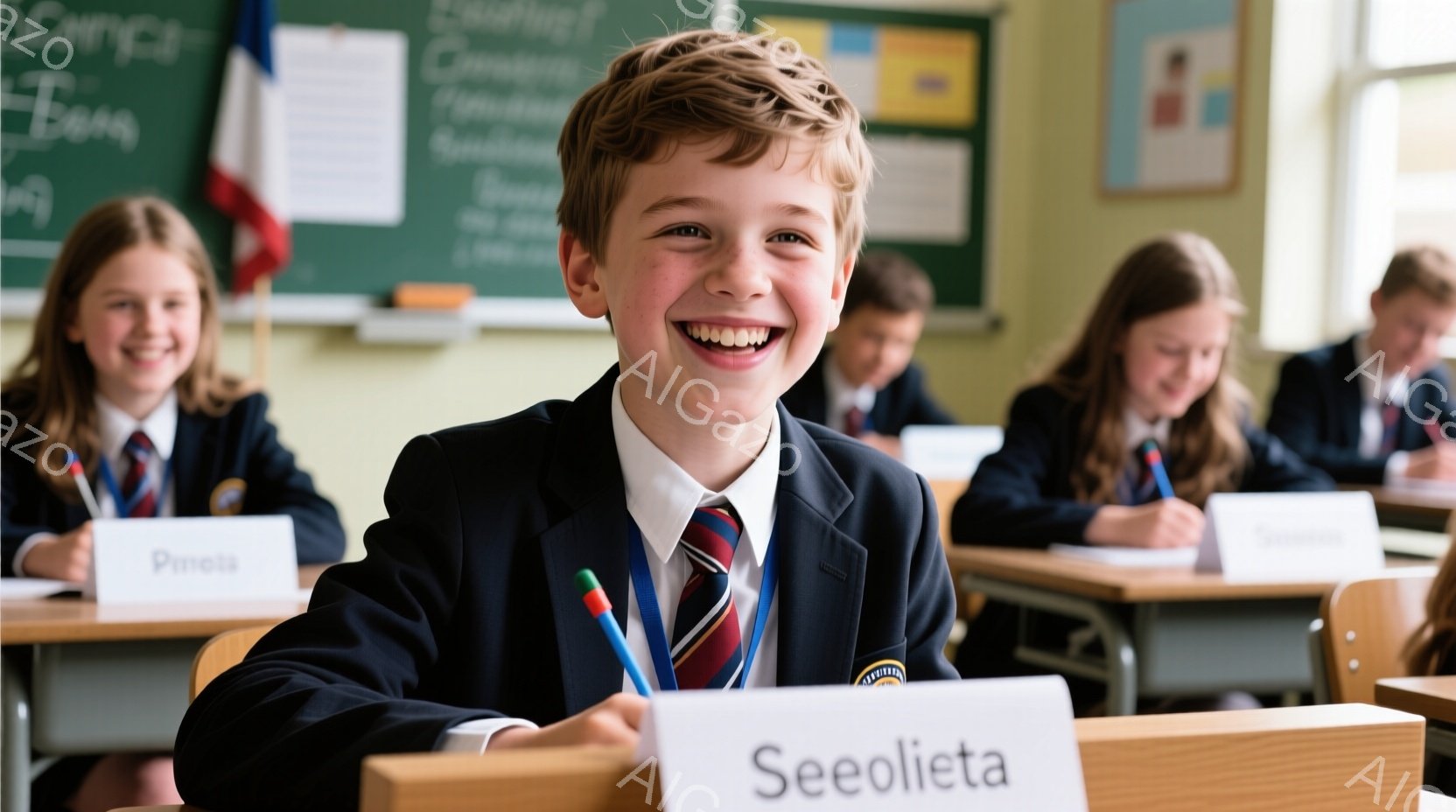 明るい教室で、制服を着た少年がカメラに向かって満面の笑みを浮かべている。少年は茶色の髪で、ネクタイとブレザーを着ており、机の上には鉛筆が置かれている。背景には他の生徒たちが座って勉強している様子が見え - AI生成フリー素材