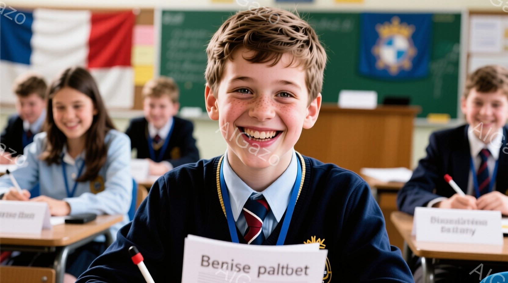 教室の前に座っている少年が写っている。彼は笑顔で、制服を着ており、ネクタイとバッジをつけている。背景には他の生徒や国旗が飾られた壁が見え、全体的に明るく活気のある雰囲気である。 - AI生成フリー素材