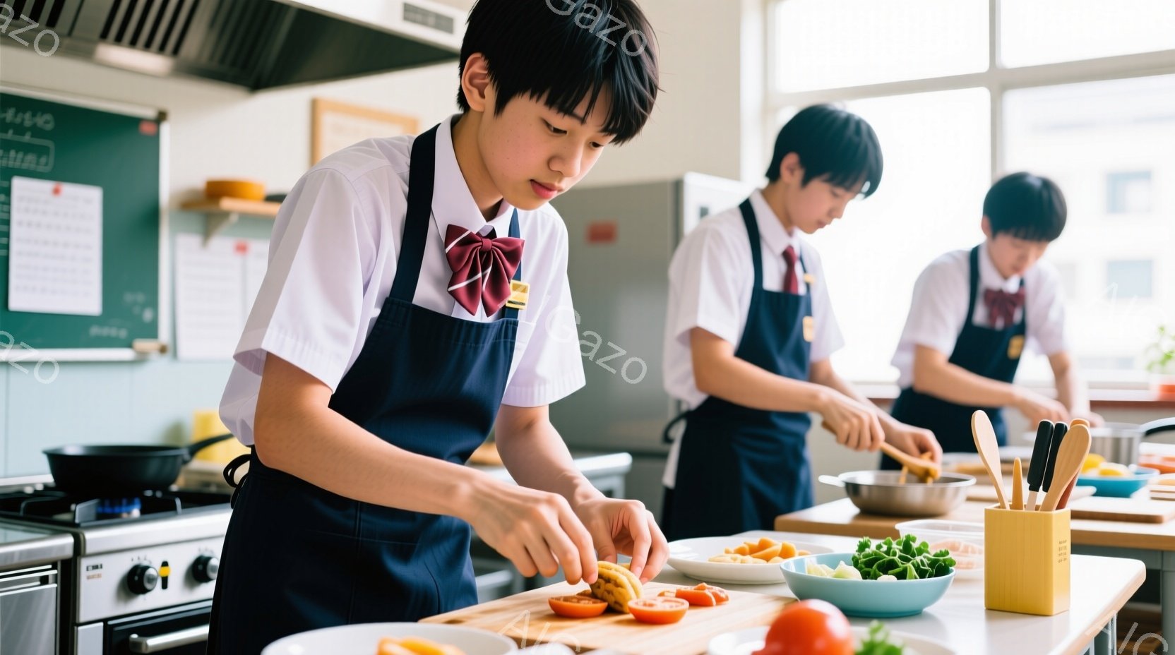 制服を着た男子生徒が調理実習に取り組んでいます。彼はエプロンをつけ、まな板の上でトマトを切っており、真剣な表情で作業に集中しています。背景には、同じ制服を着た別の生徒が野菜を切っているのが見え、調理器具や食材が置かれた実習室の様子が伺えます。