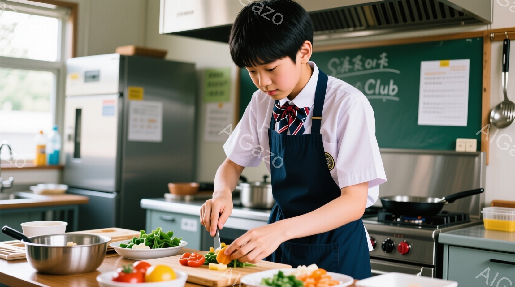 制服を着た少年がキッチンで野菜を切っています。彼は白いシャツに紺色のベストとネクタイ、そしてエプロンを着用しており、黒髪を短く切っています。背景にはキッチン設備や冷蔵庫、そして黒板が見え、料理クラブの活動をしている様子が伺えます。