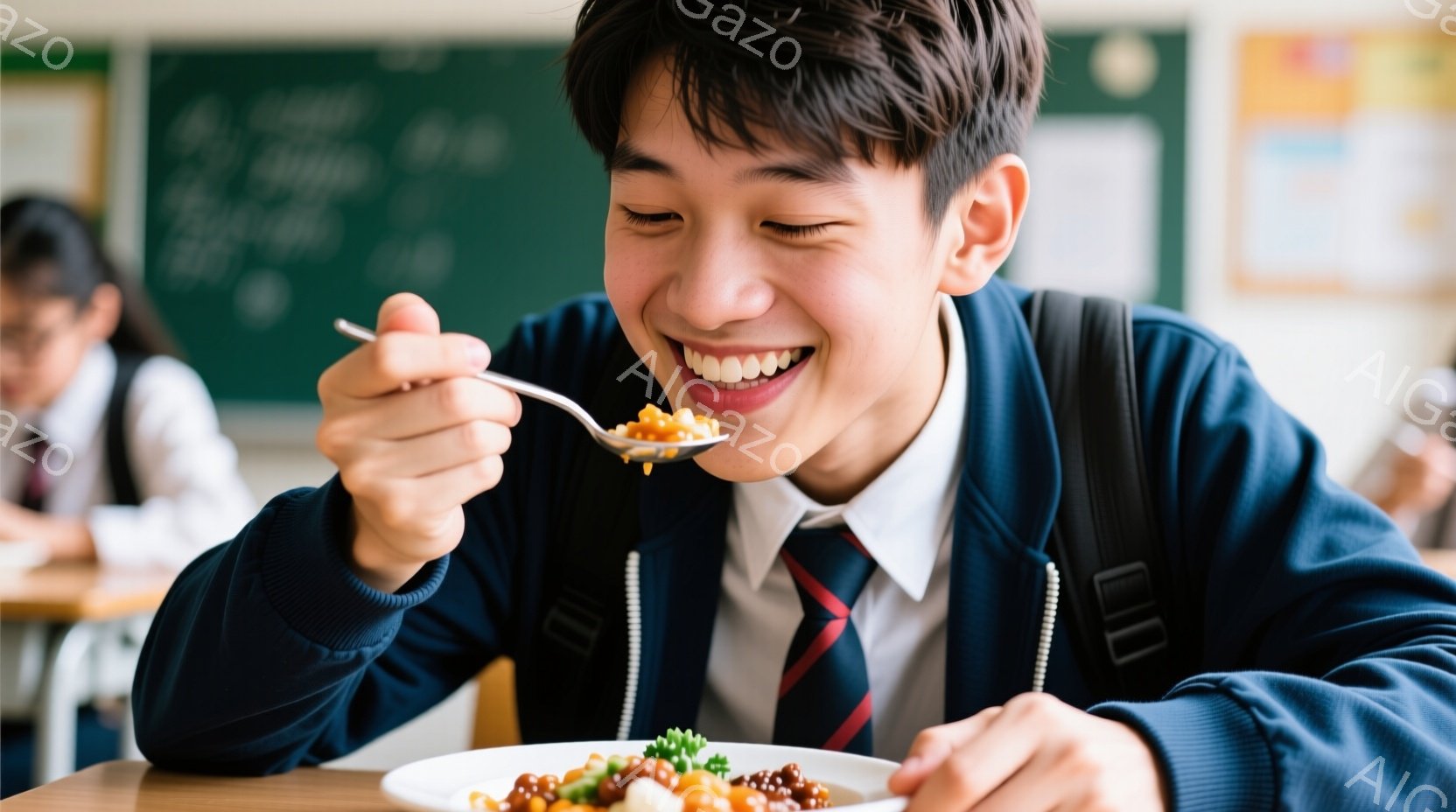 制服を着た少年が、フォークで料理を口に運んでいます。彼は笑顔で、とても楽しそうに食事をしています。背景には教室らしき場所が見え、他の生徒も少しだけ写っています。 - AI生成フリー素材