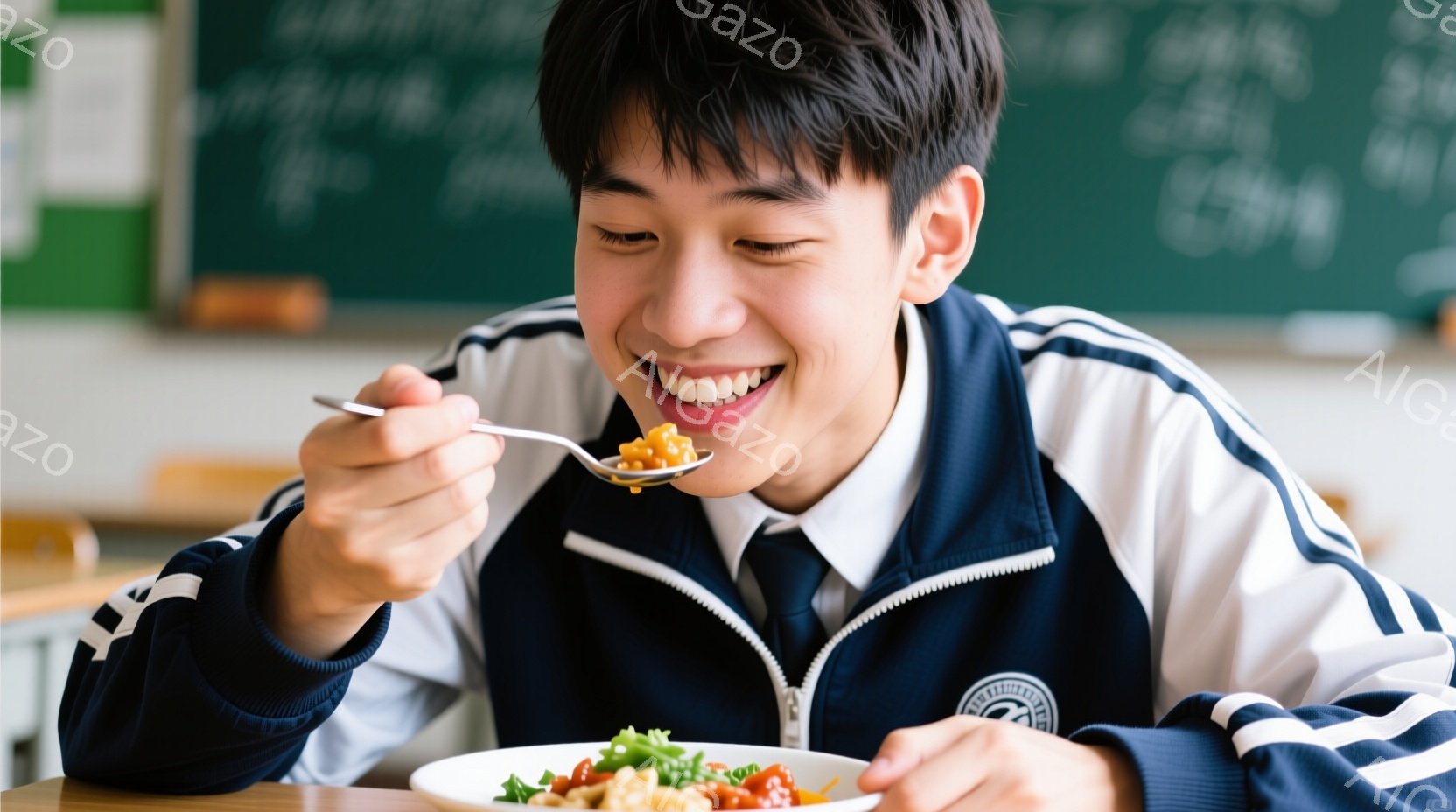 制服を着た若い男性が、食堂または教室で食事をしている様子が写っている。彼は白いシャツに紺色のジャケットを羽織り、楽しそうに微笑みながらスプーンでサラダを口に運んでいる。背景には黒板があり、教室または学食のような空間であることがわかる。