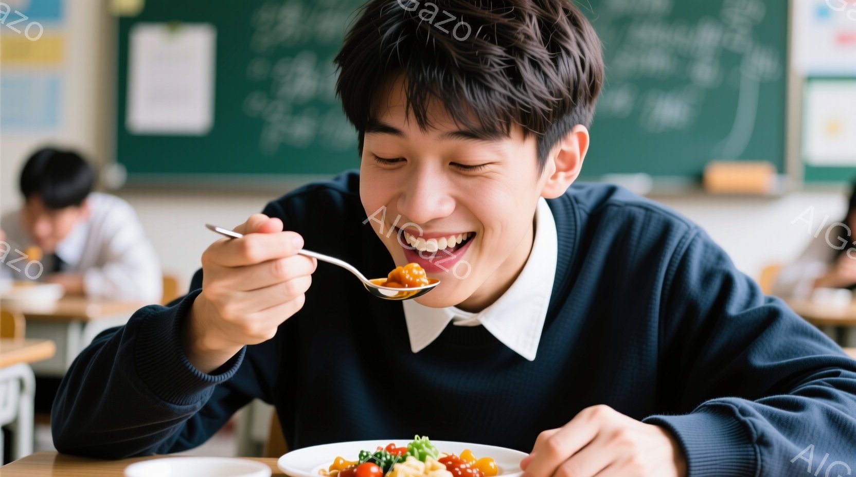 制服を着た少年が食事を楽しんでいます。彼は笑顔でスプーンいっぱいの食事を口に運んでおり、嬉しそうな表情が印象的です。背景には教室があり、他の生徒もいることから、学校給食の時間であることがわかります。