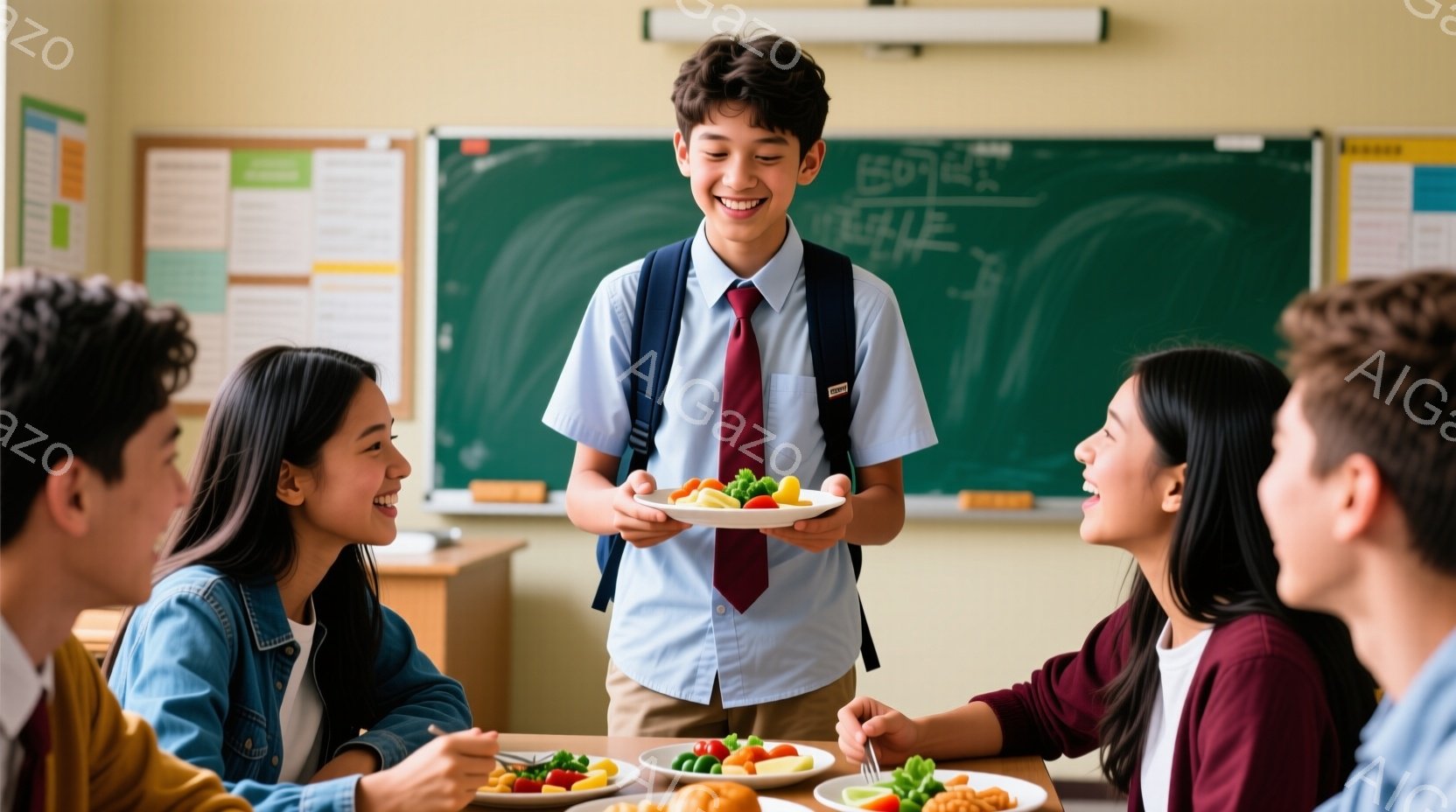 少年が給食の皿を持ってクラスメートの前に立っており、皆笑顔で彼を見ている。少年は白いシャツに赤いネクタイ、そしてバックパックを背負い、明るい表情をしている。背景には教室の黒板があり、生徒たちが食卓を囲んで食事をしている温かい雰囲気の光景である。