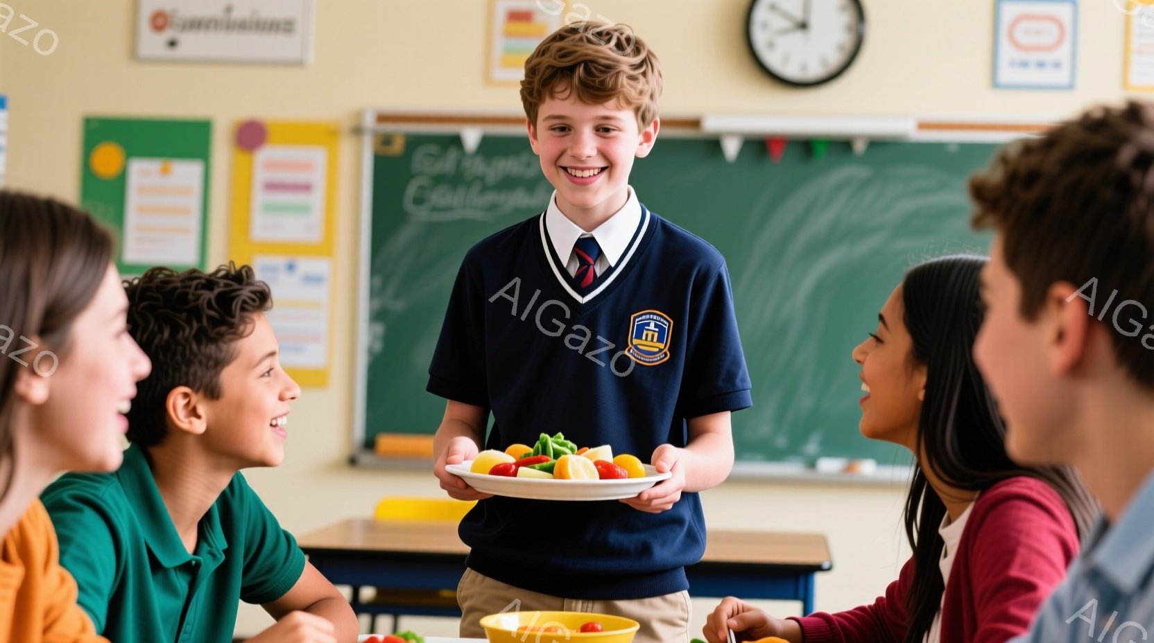 明るい教室で、少年が果物のお皿を持って立っている。彼は紺色のブレザーにネクタイ、ベージュ色のズボンを着用し、笑顔を浮かべている。背景には他の生徒たちがテーブルを囲んでおり、活気ある学校のランチタイムの雰囲気を感じさせる。