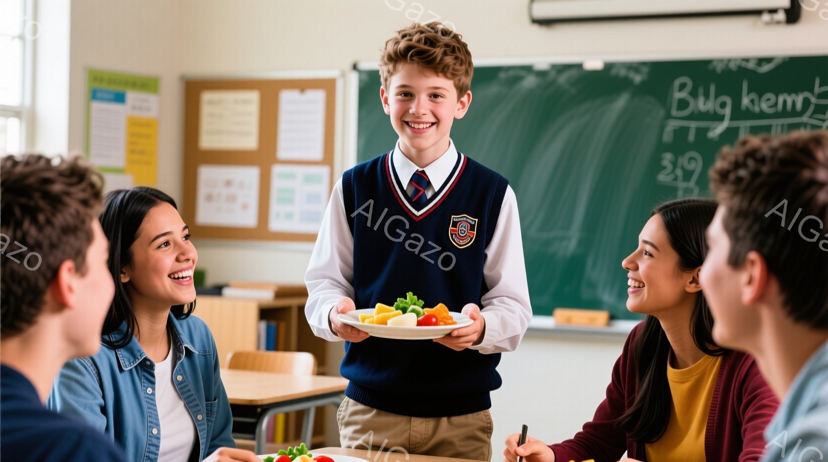 教室で、少年が野菜を盛り付けたお皿を持って立っており、周りには同級生たちが座って彼を見ている。少年は紺色のベスト、白いシャツ、ネクタイ、そして茶色のズボンを身に着け、明るい笑顔を見せている。背景には黒板があり、教室の様子が伺える、全体的に明るく、友好的な雰囲気である。
