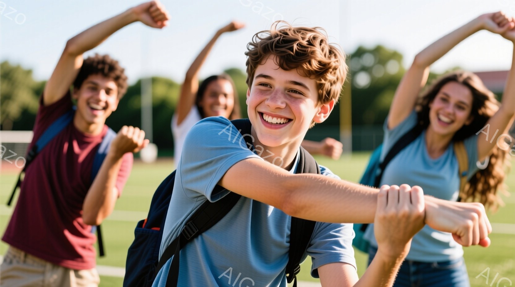 3人の若者が屋外で楽しそうに腕を広げています。彼らは皆、バックパックを背負い、それぞれ違う色のTシャツを着ています。背景には緑の芝生とトラックがあり、晴れた日の活動的な雰囲気が伝わってきます。