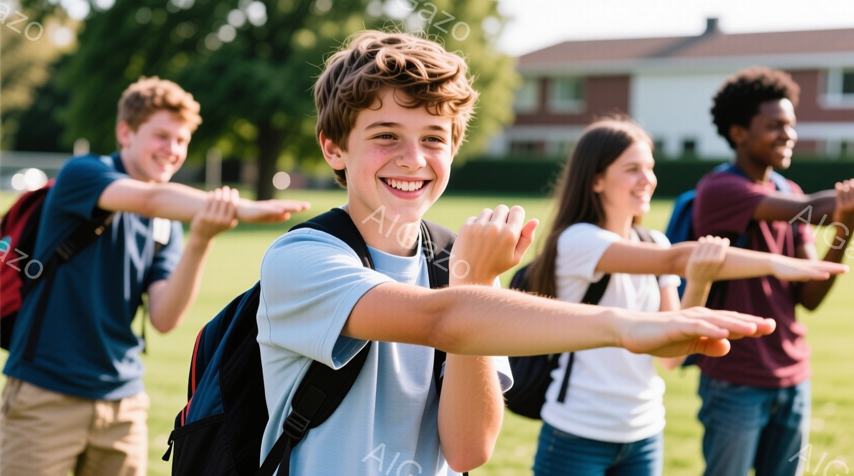 少年たちが青々とした芝生の上で腕を広げ、体を伸ばしている様子が写っている。彼らはそれぞれリュックサックを背負っており、カジュアルな服装で、表情は明るく、楽しんでいる様子が伺える。背景にはレンガ造りの建 - AI生成フリー素材