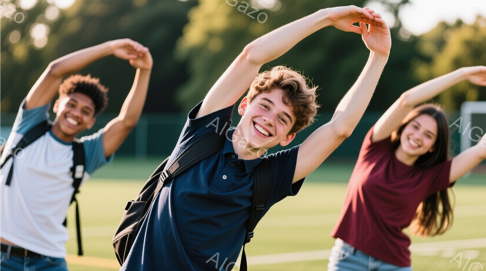 3人の若い学生が、緑の芝生の上でストレッチをしている様子が写っています。青いポロシャツを着た少年は、片手を上げて体を大きく反らせて笑顔を見せており、他の2人はそれぞれ青と赤のTシャツを着て、腕を高く上 - AI生成フリー素材