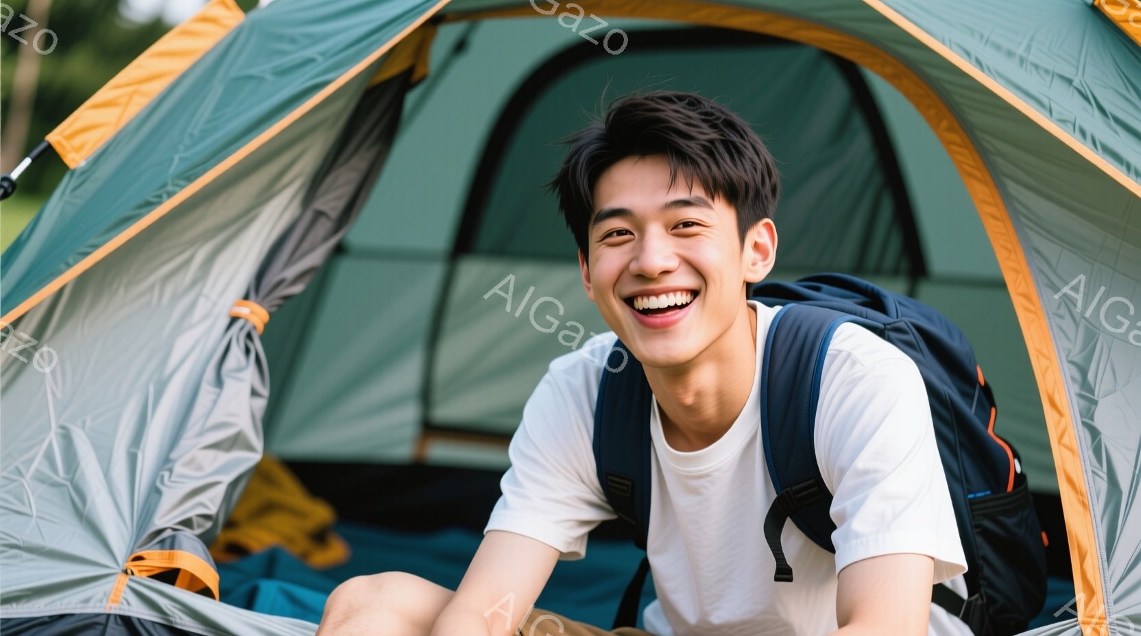若い男性が、ターコイズブルーとグレーのキャンプ用テントの中で笑顔で座っている。彼は白いTシャツとバックパックを背負っており、短髪で、表情は明るく楽しそうだ。テント内はやや暗く、自然の中でキャンプを楽し - AI生成フリー素材