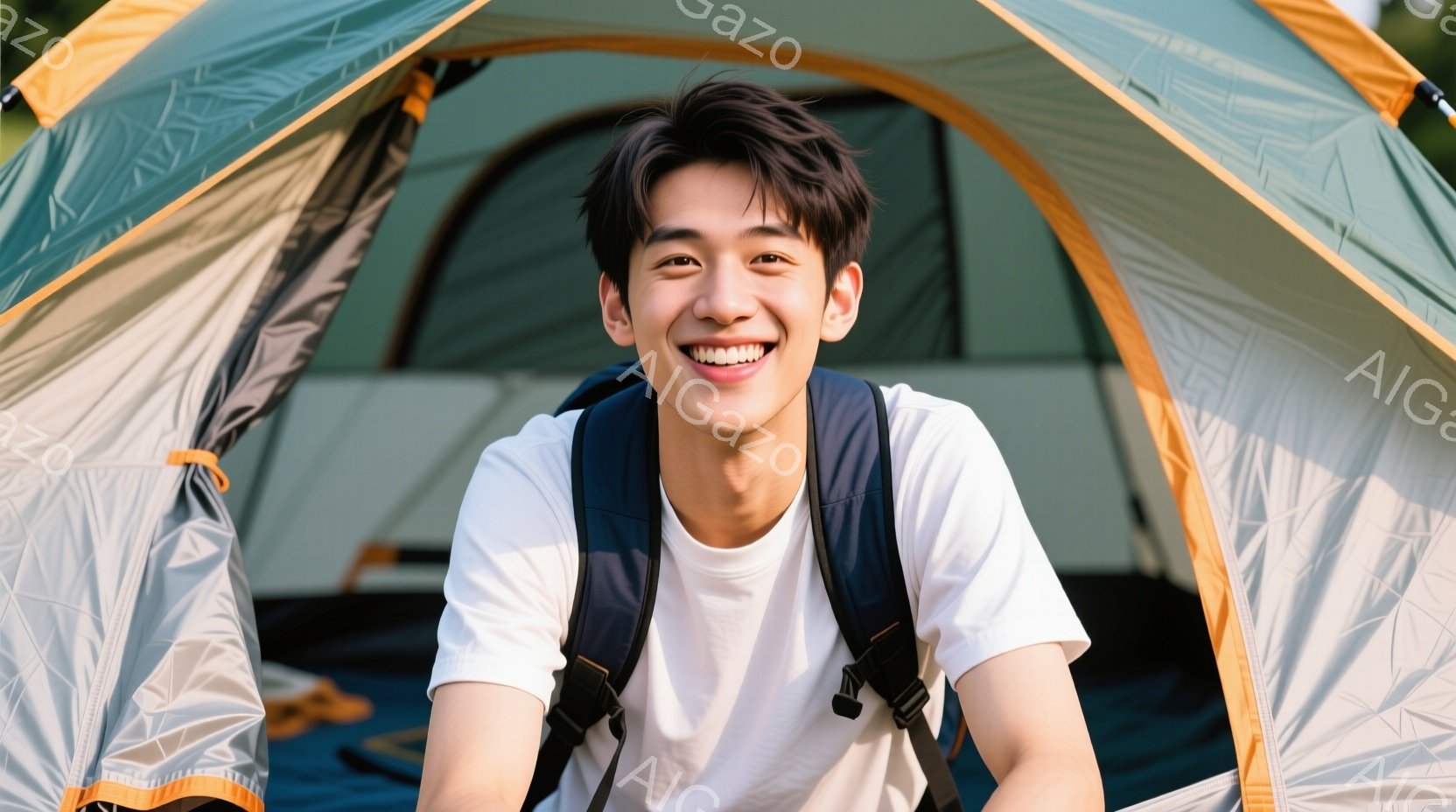 若い男性がテントの入り口で笑顔でカメラを見ている。白いTシャツとバックパックを着用し、黒髪で短髪に整えられている。テントはグレーとオレンジの配色で、背景はぼやけており、アウトドアの雰囲気が漂う。 - AI生成フリー素材