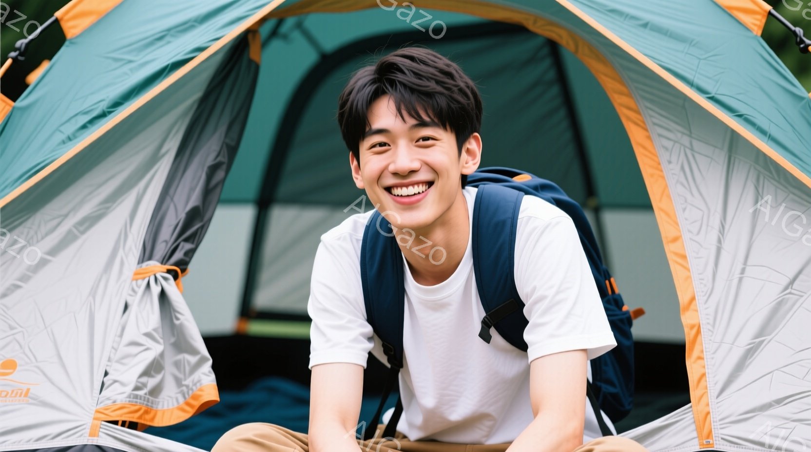 若い男性が、緑とグレーのテントの中に座っており、満面の笑みを浮かべている。白いTシャツにバックパックを背負い、短髪で爽やかな印象を与える。テント内は明るく、アウトドアでのリラックスした雰囲気が伝わって - AI生成フリー素材