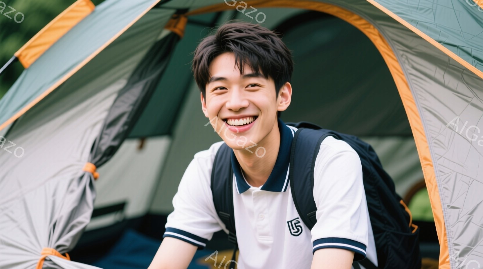 若い男性が、キャンプ用のテントの入り口で笑顔でカメラに向かってポーズをとっています。白い襟付きシャツに黒いバックパックを背負い、明るい表情で親しみやすい印象を与えています。背景は緑豊かな自然で、キャン - AI生成フリー素材