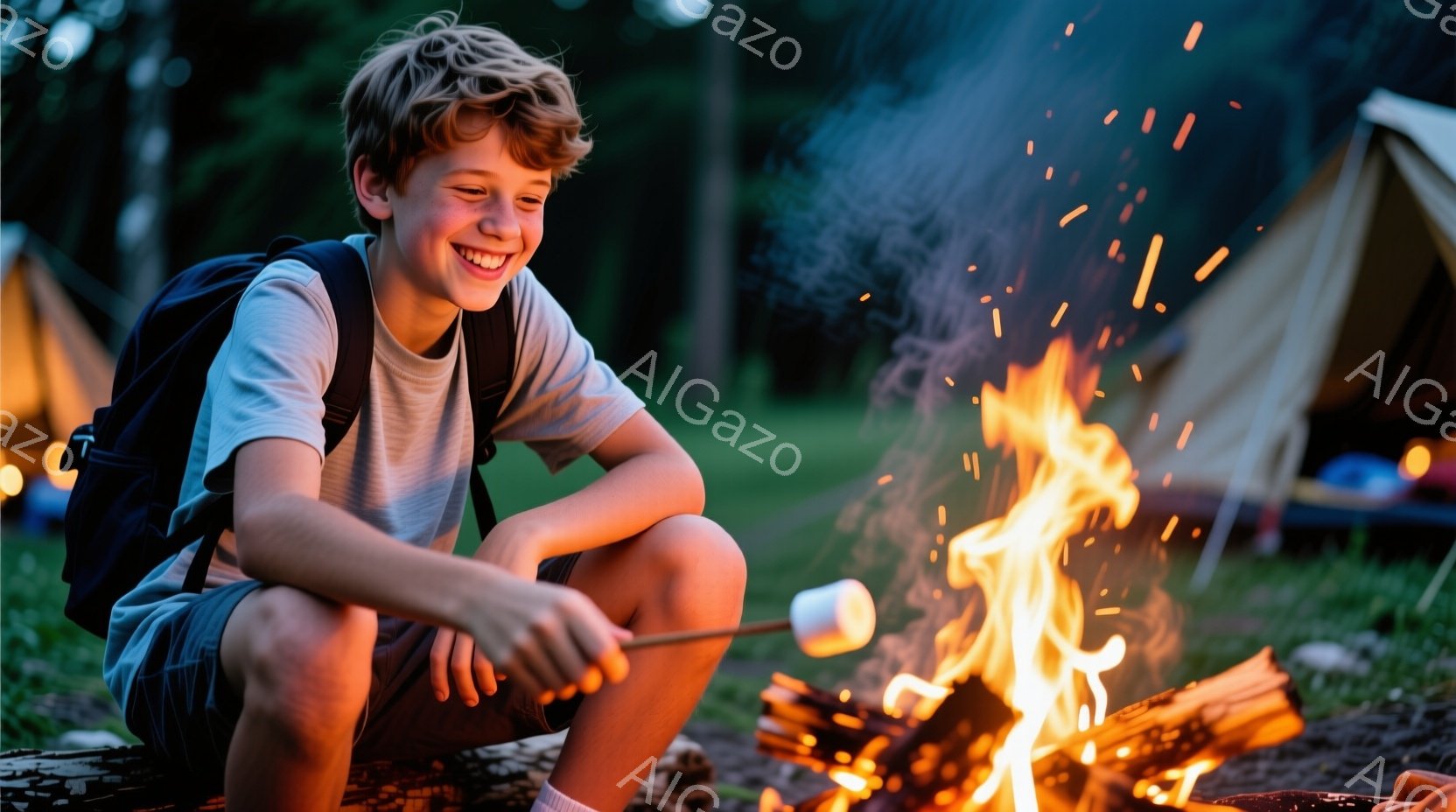 若い少年がキャンプファイヤーの前でマシュマロを焼いている。彼は短パンとTシャツを着ており、リュックサックを背負っている。背景にはテントがいくつか見え、暖かく、楽しい雰囲気が漂っている。 - AI生成フリー素材