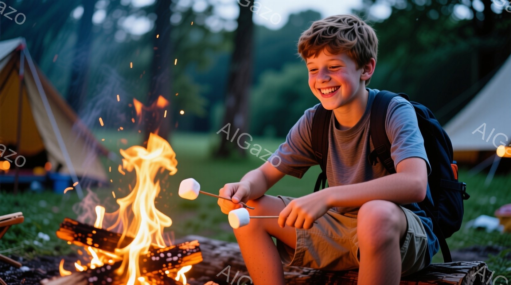 若い少年がキャンプファイヤーのそばに座り、マシュマロを串に刺して焼いている。彼は灰色のTシャツとカーキ色のショートパンツを着ており、明るい笑顔を浮かべている。背景にはテントや木々が見え、穏やかで楽しい - AI生成フリー素材