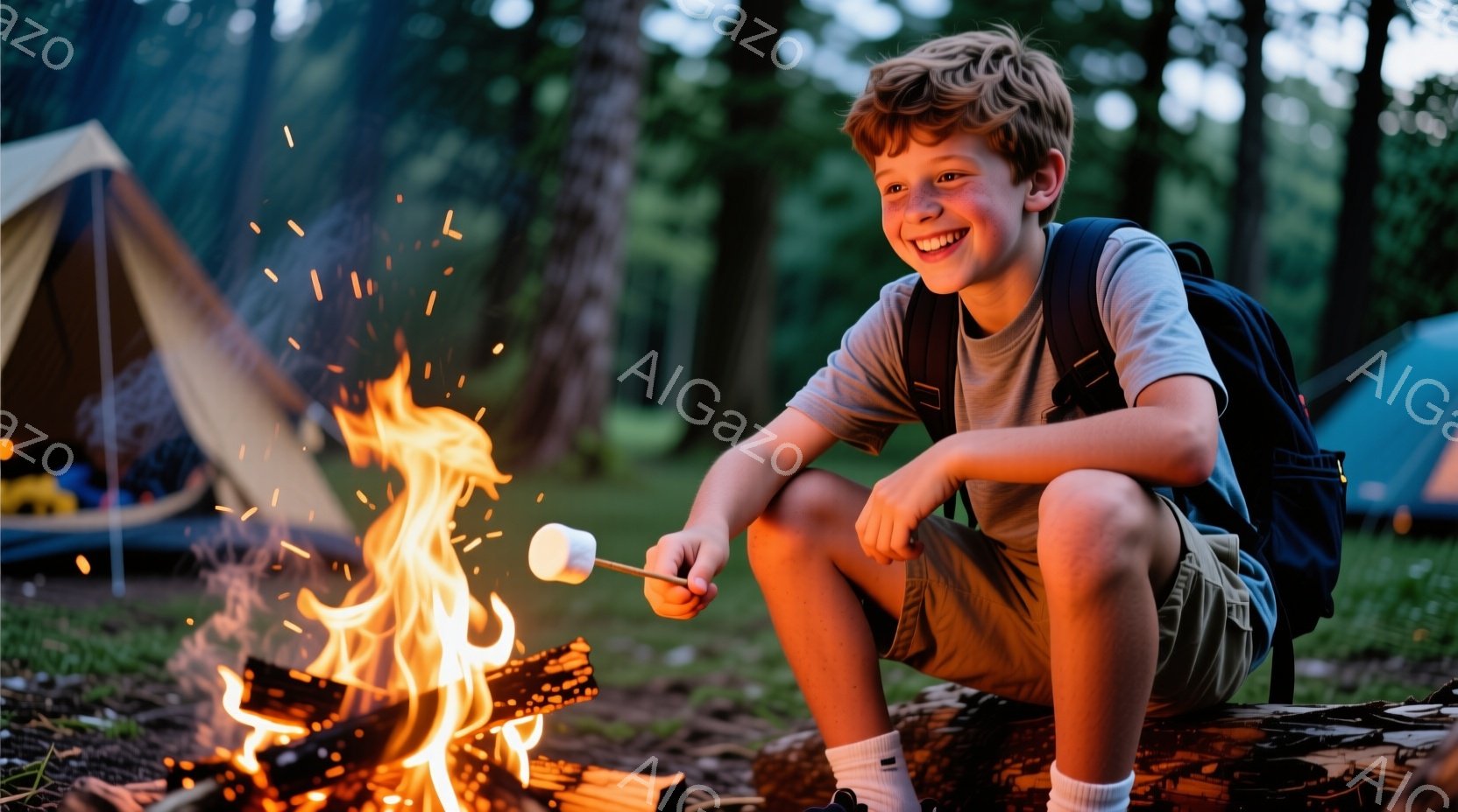 少年はキャンプファイヤーのそばに座り、マシュマロを串に刺して焼いている。彼はショートヘアで、Ｔシャツと短パン姿で、明るい笑顔を見せている。背景にはテントがいくつかあり、緑豊かな森の中に暖かな光が差し込んでいる、キャンプの楽しい雰囲気が伝わってくる。