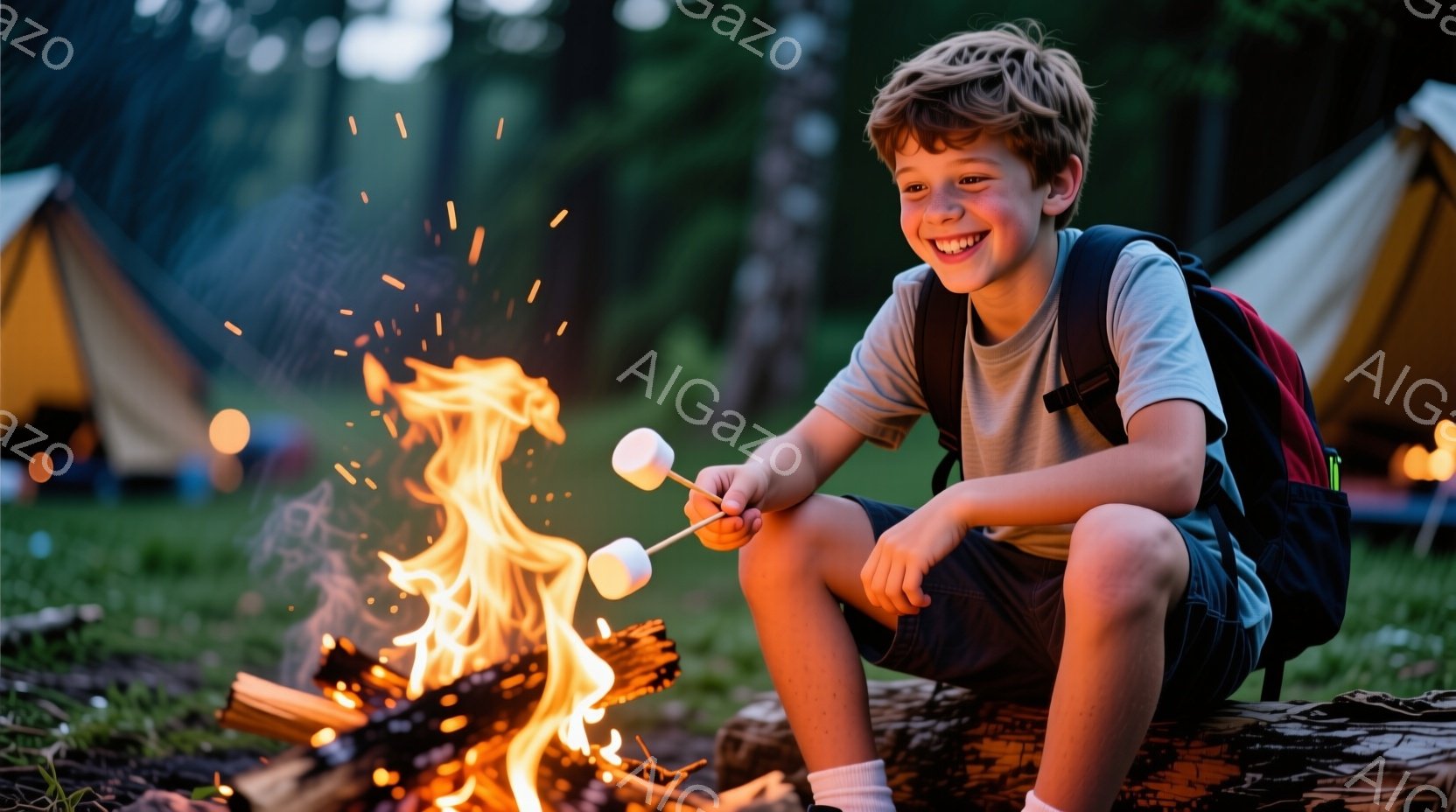 若い少年が焚き火のそばに座り、マシュマロを焼いている。彼はショートヘアで、紺色の短パンと白い靴下を履き、背中にはリュックサックを背負っている。背景には緑豊かな自然とキャンプのテントがぼやけており、暖かく楽しい雰囲気が漂う。